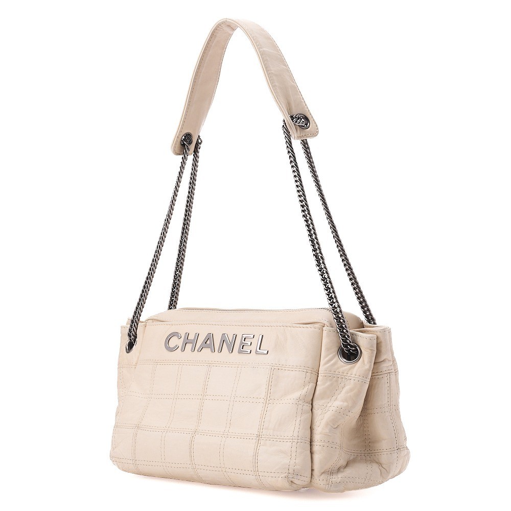 Calfskin Chocolate Bar Logo Chain Shoulder Bag, Ivory — view 4