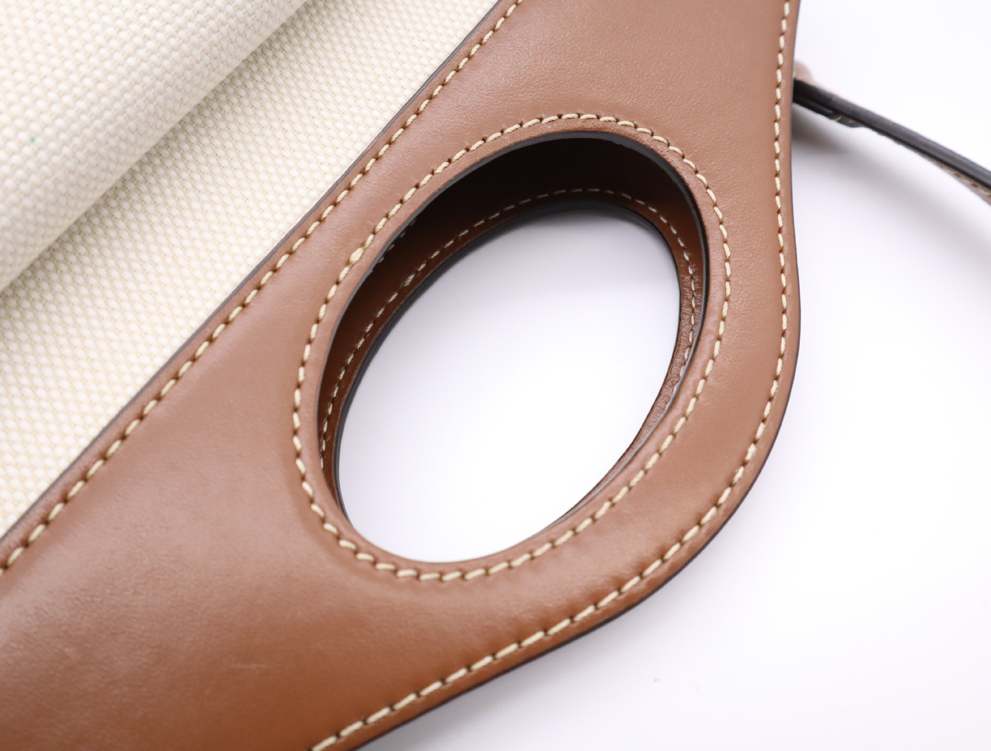 Cotton x Leather Logo Mini Pocket Bag, White/Brown, Gold Hardware, with Shoulder Strap (Shoulder Bag) — view 11
