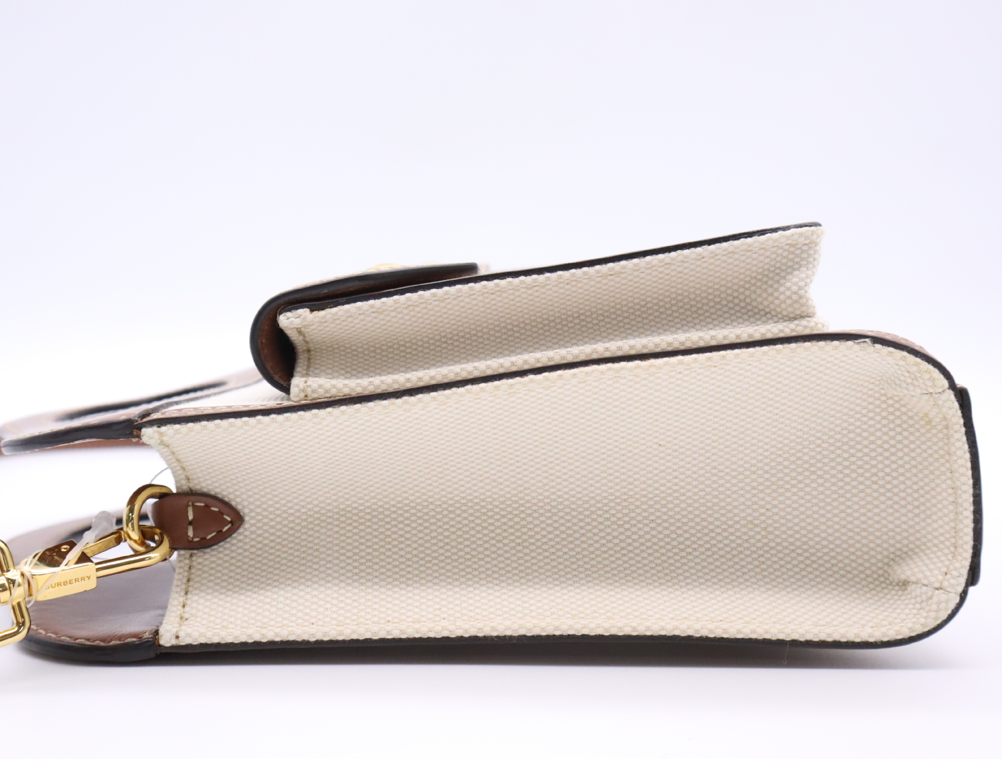 Cotton x Leather Logo Mini Pocket Bag, White/Brown, Gold Hardware, with Shoulder Strap (Shoulder Bag) — view 3