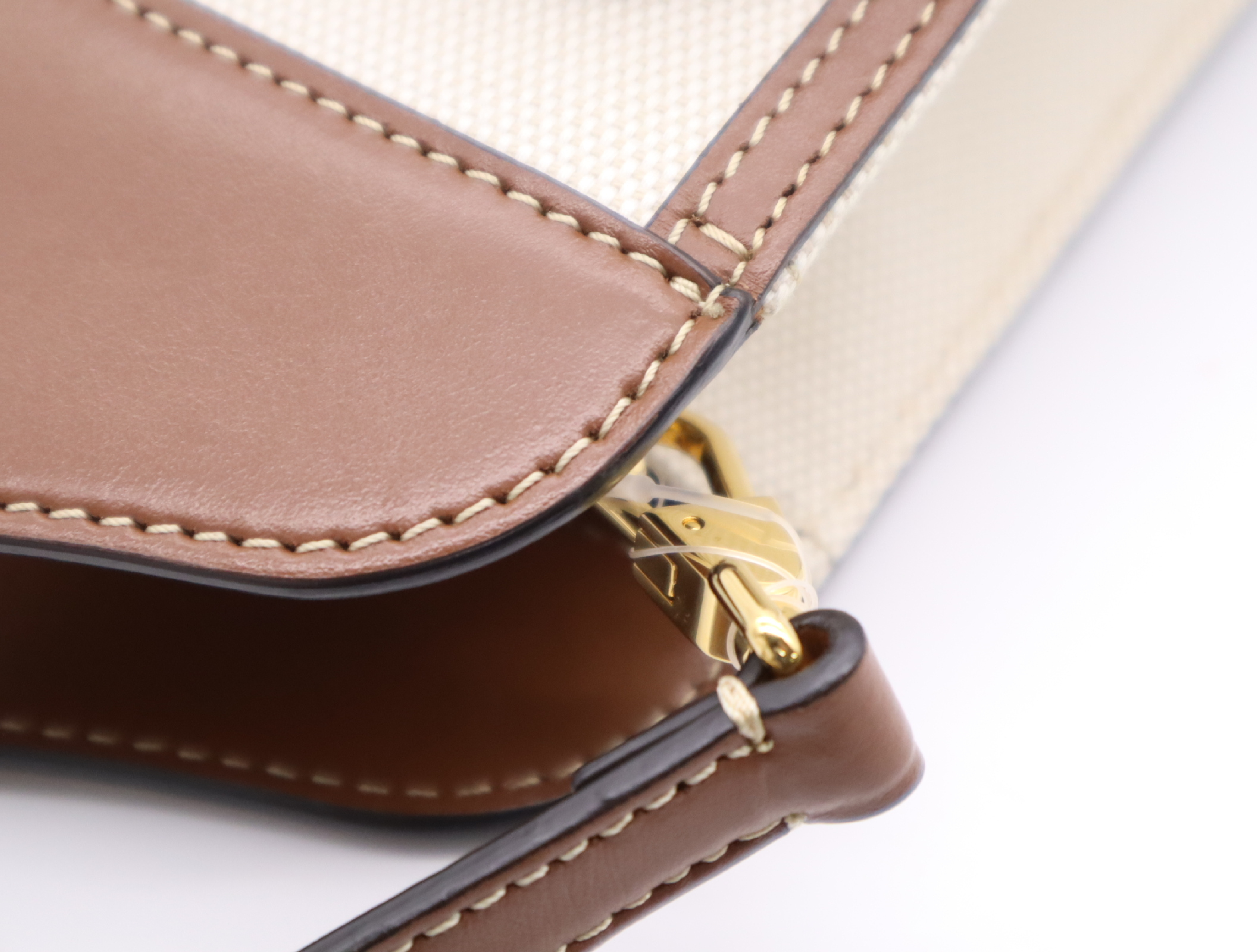 Cotton x Leather Logo Mini Pocket Bag, White/Brown, Gold Hardware, with Shoulder Strap (Shoulder Bag) — view 9