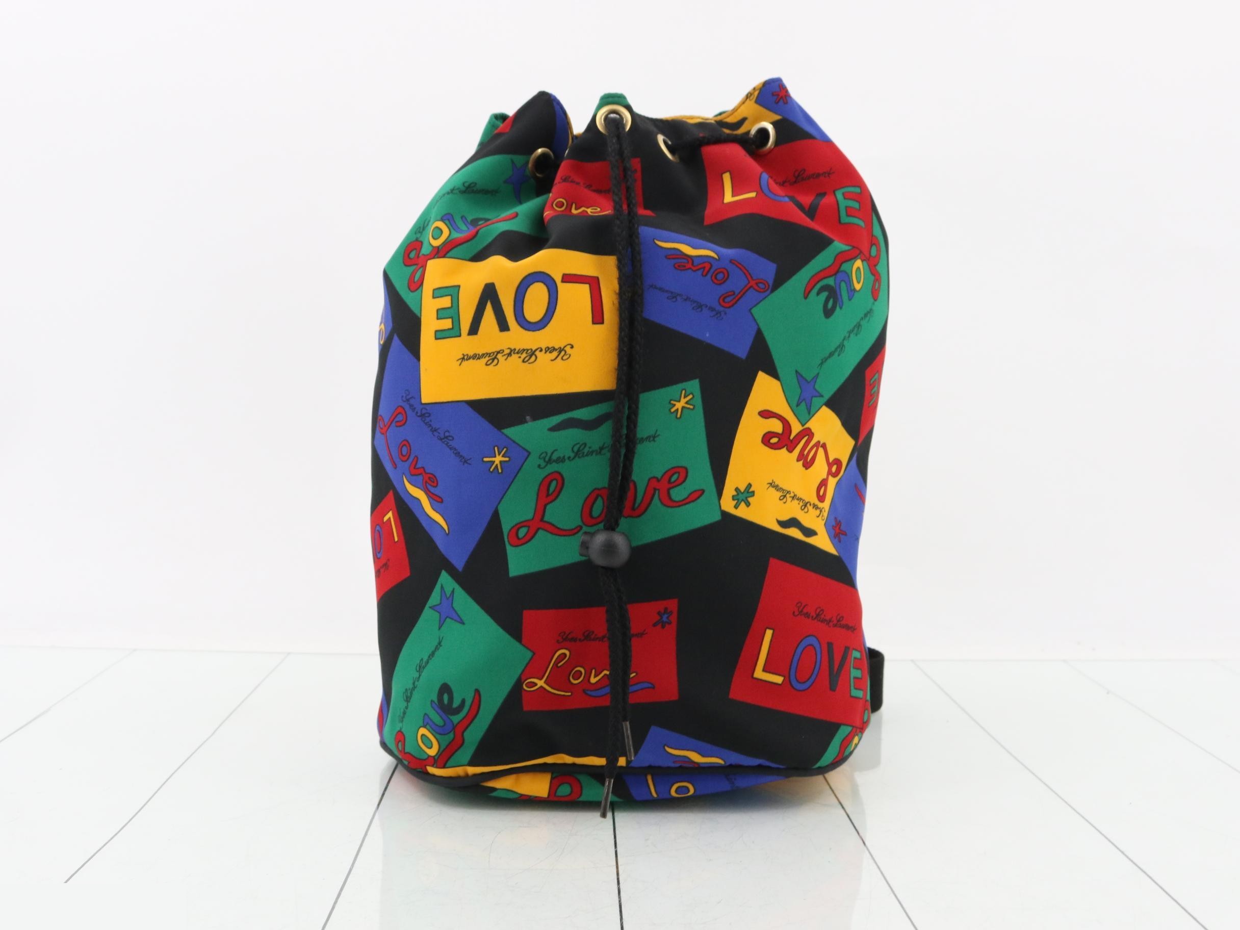 All-over print drawstring shoulder bag, canvas, black, multi-color