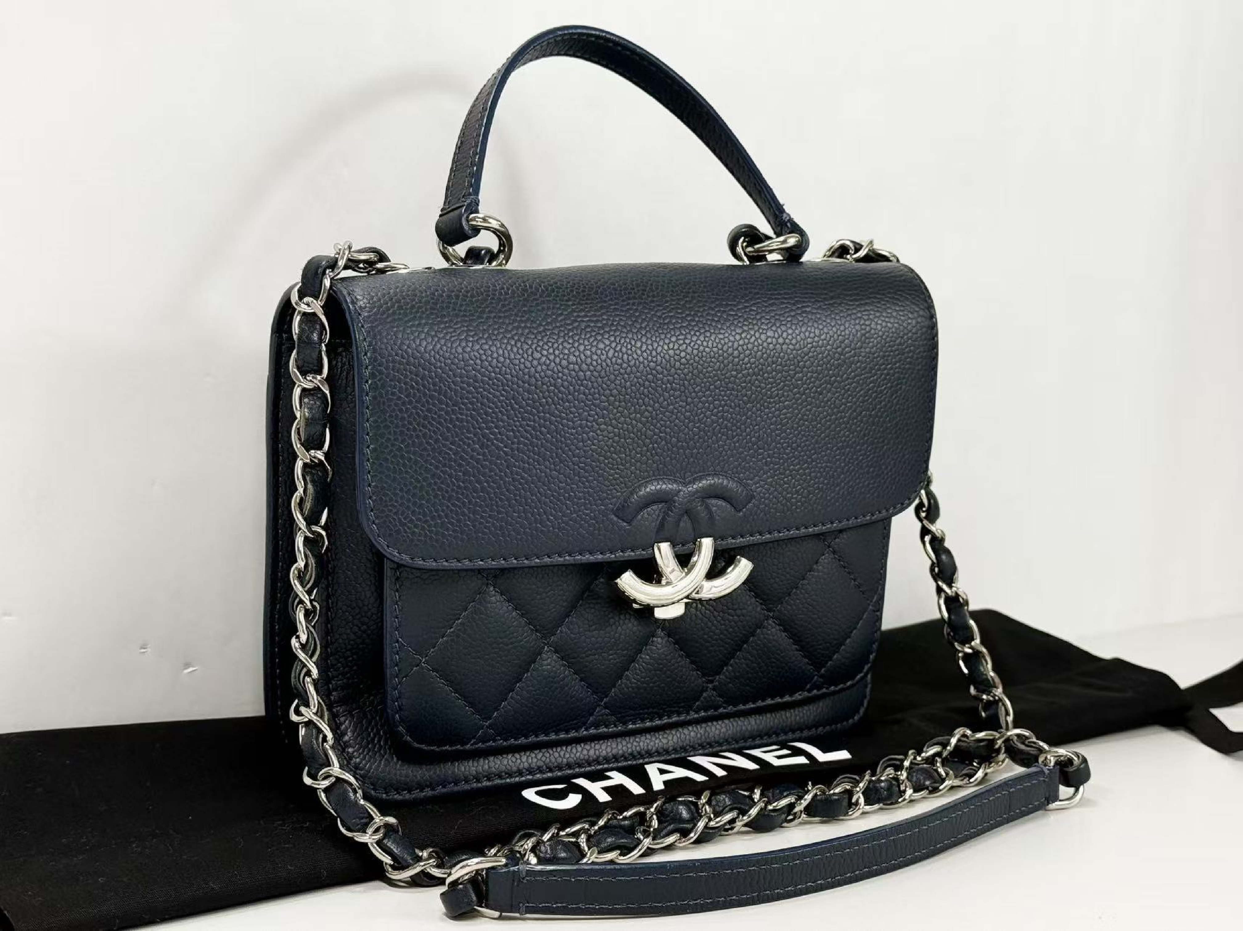 Caviar Skin Half Coco Shoulder Bag, Navy Blue, Approx. 20cm W, Serial Number , with Dust Bag and Seal, Silver Hardware, Excellent Condition (A-AB) — view 2