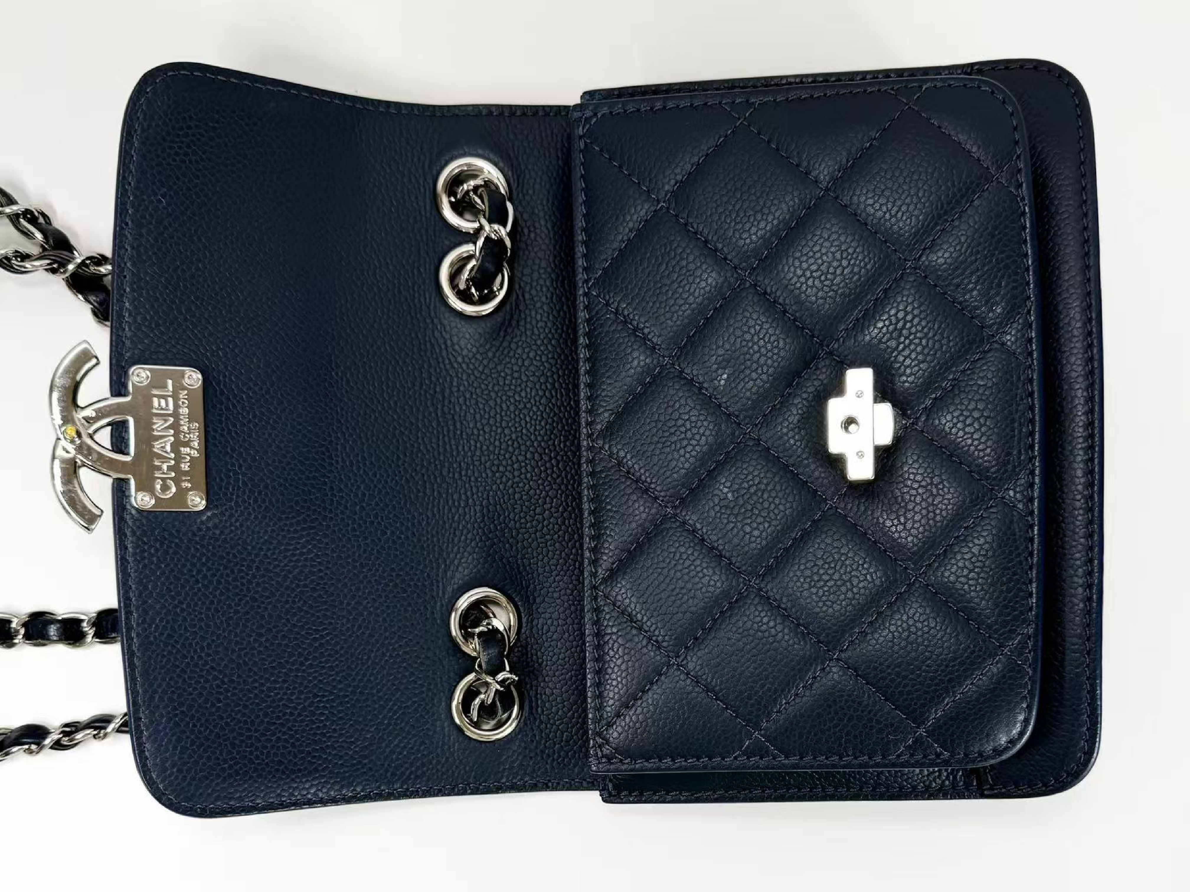 Caviar Skin Half Coco Shoulder Bag, Navy Blue, Approx. 20cm W, Serial Number , with Dust Bag and Seal, Silver Hardware, Excellent Condition (A-AB) — view 13