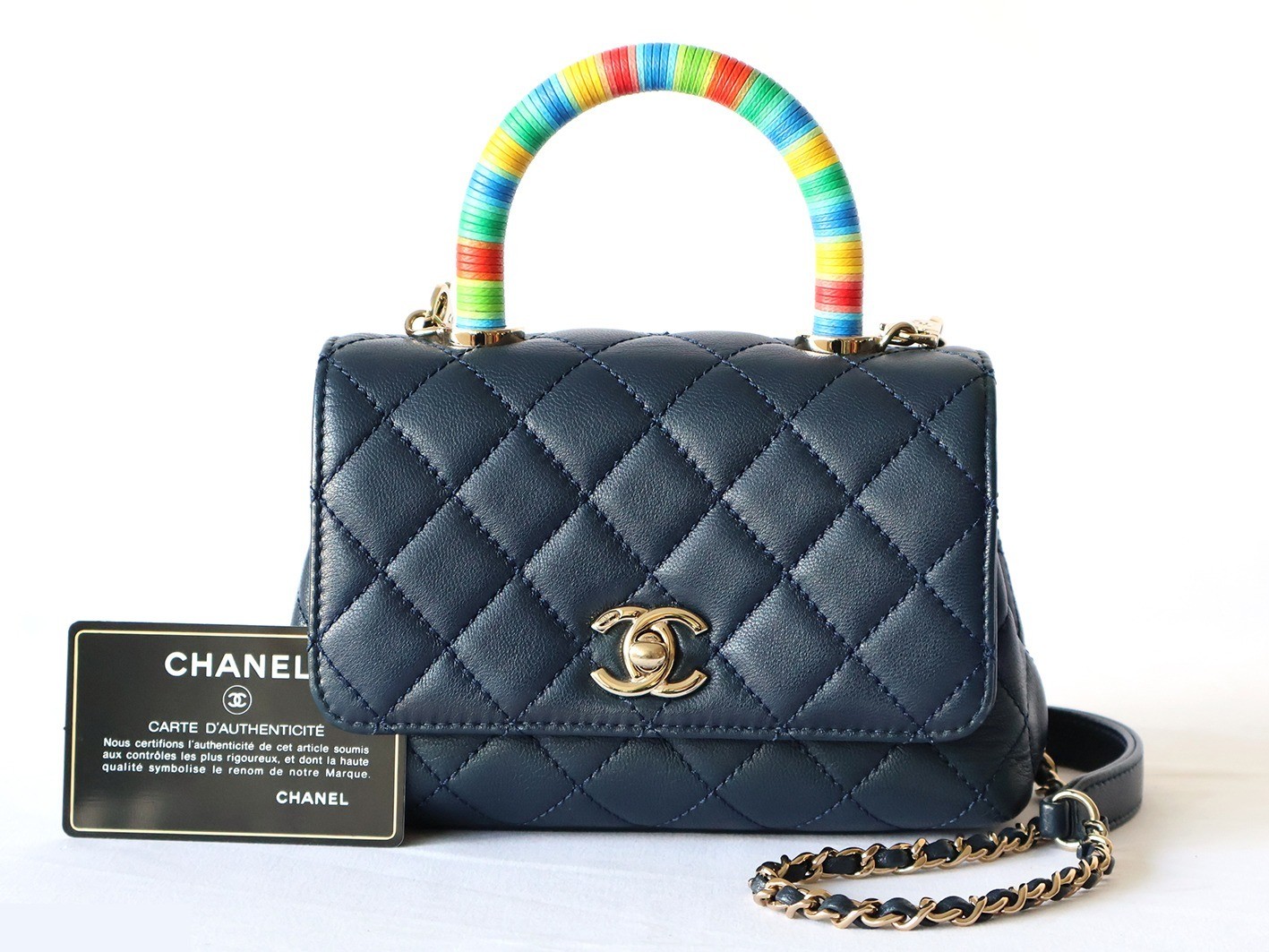 Matelassé 2-Way Handbag with Chain Shoulder Strap, Navy