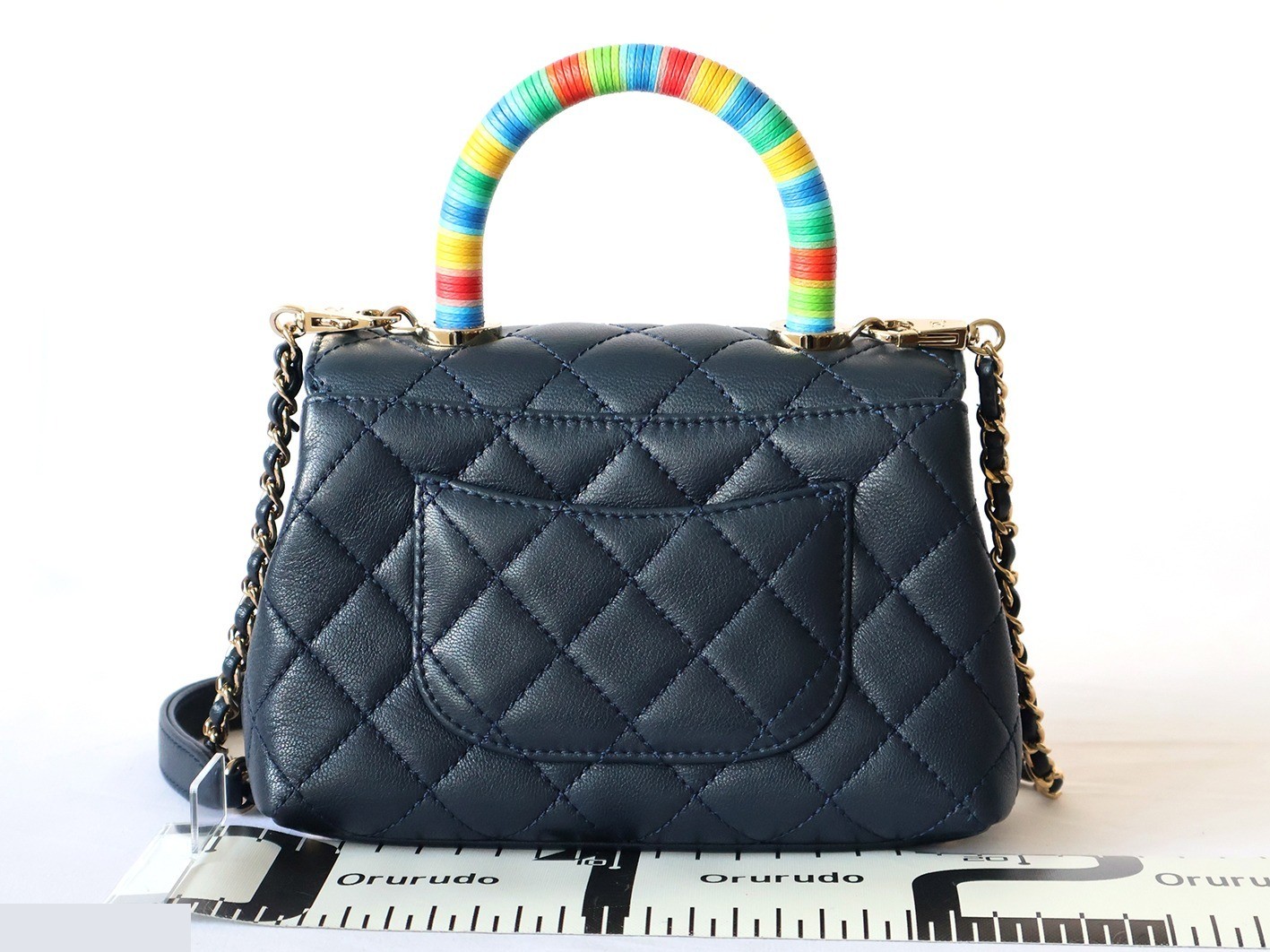 Matelassé 2-Way Handbag with Chain Shoulder Strap, Navy — view 2