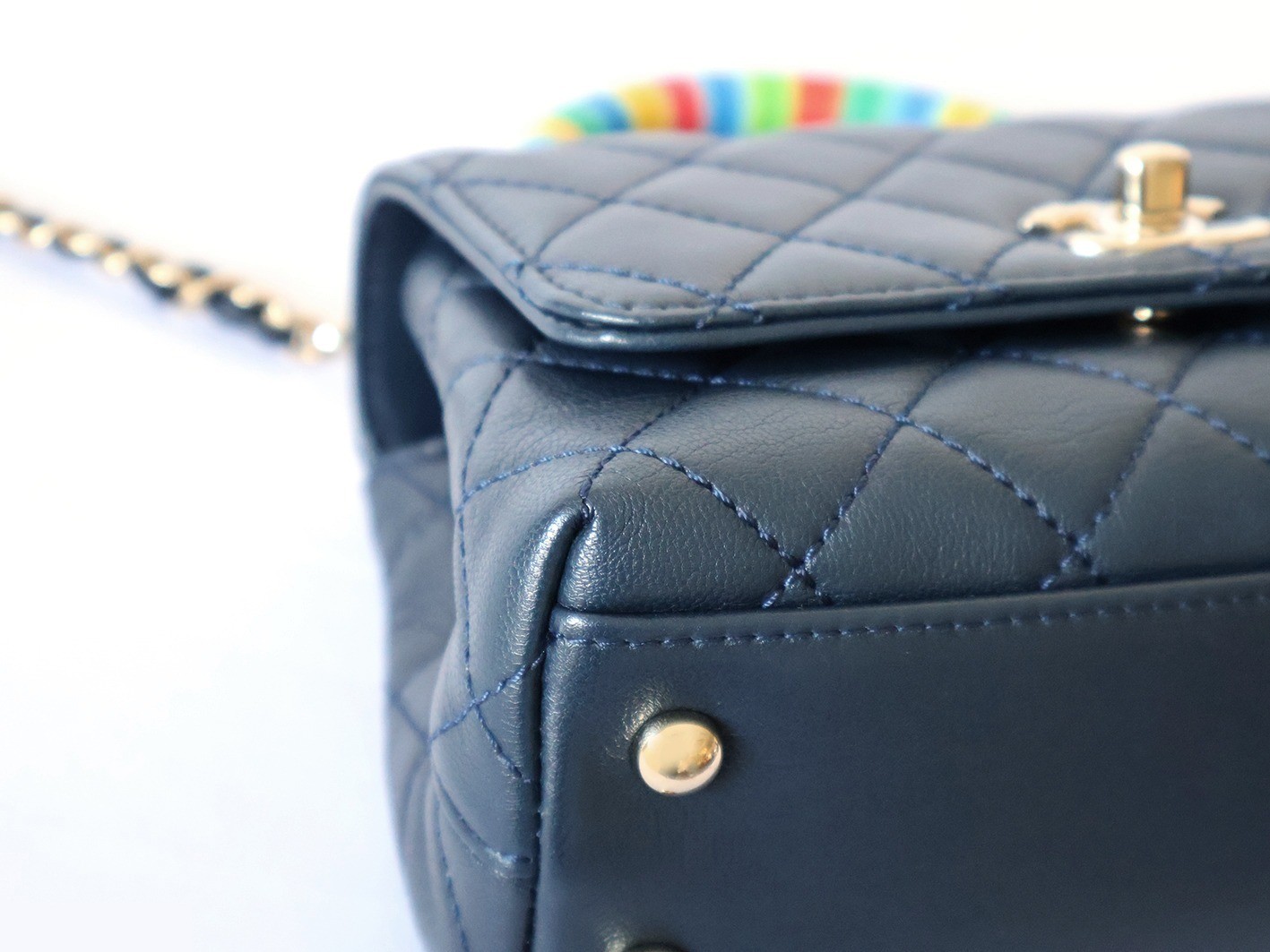 Matelassé 2-Way Handbag with Chain Shoulder Strap, Navy — view 3