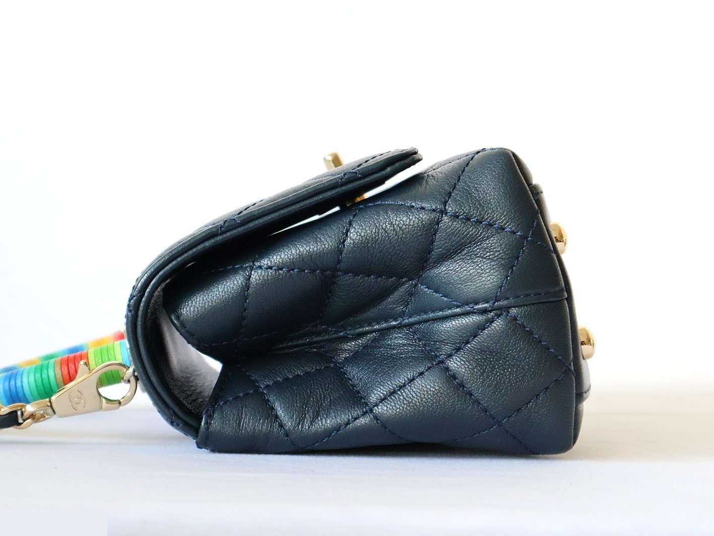 Matelassé 2-Way Handbag with Chain Shoulder Strap, Navy — view 6