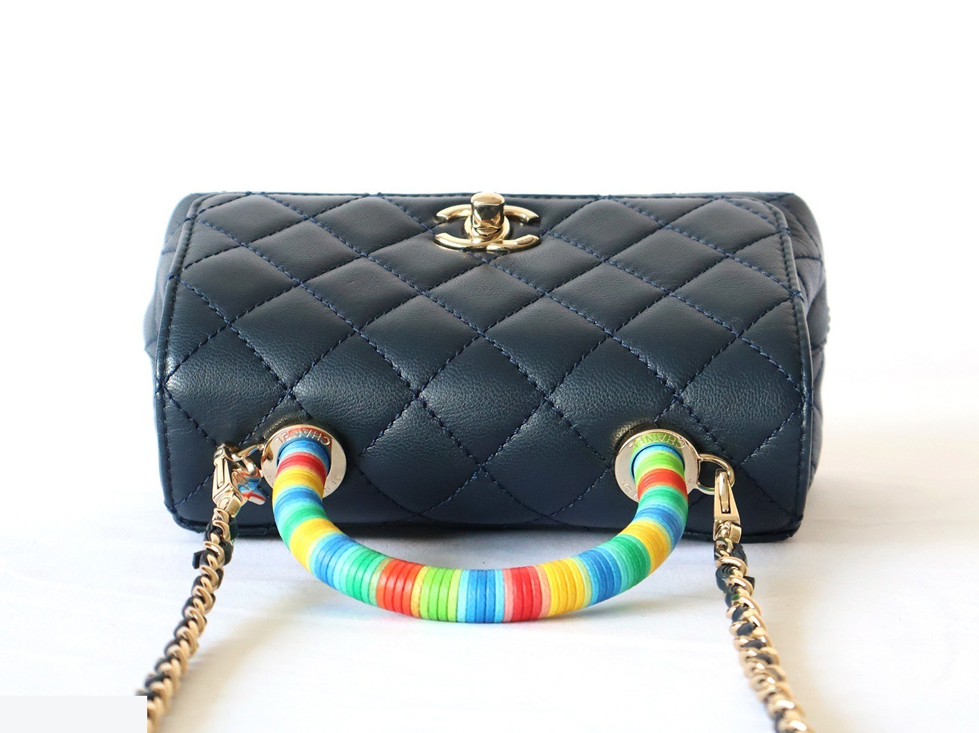 Matelassé 2-Way Handbag with Chain Shoulder Strap, Navy — view 7