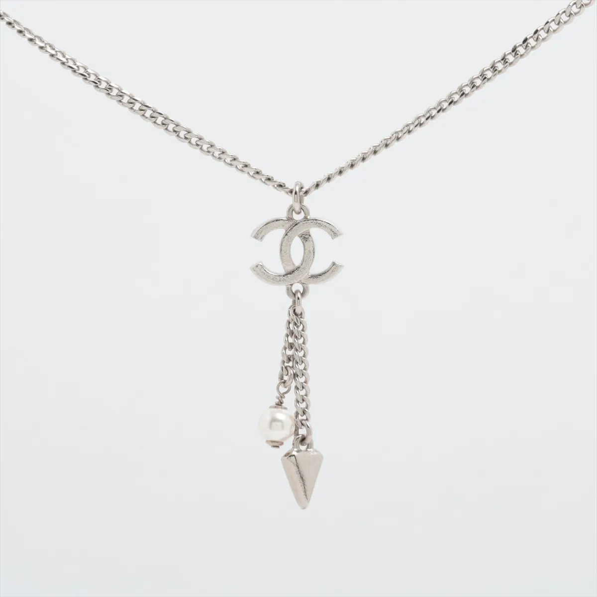 Coco Mark F25C Necklace, Gold Plated x Rhinestone x Faux Pearl, Silver. Shows signs of wear, — view 2