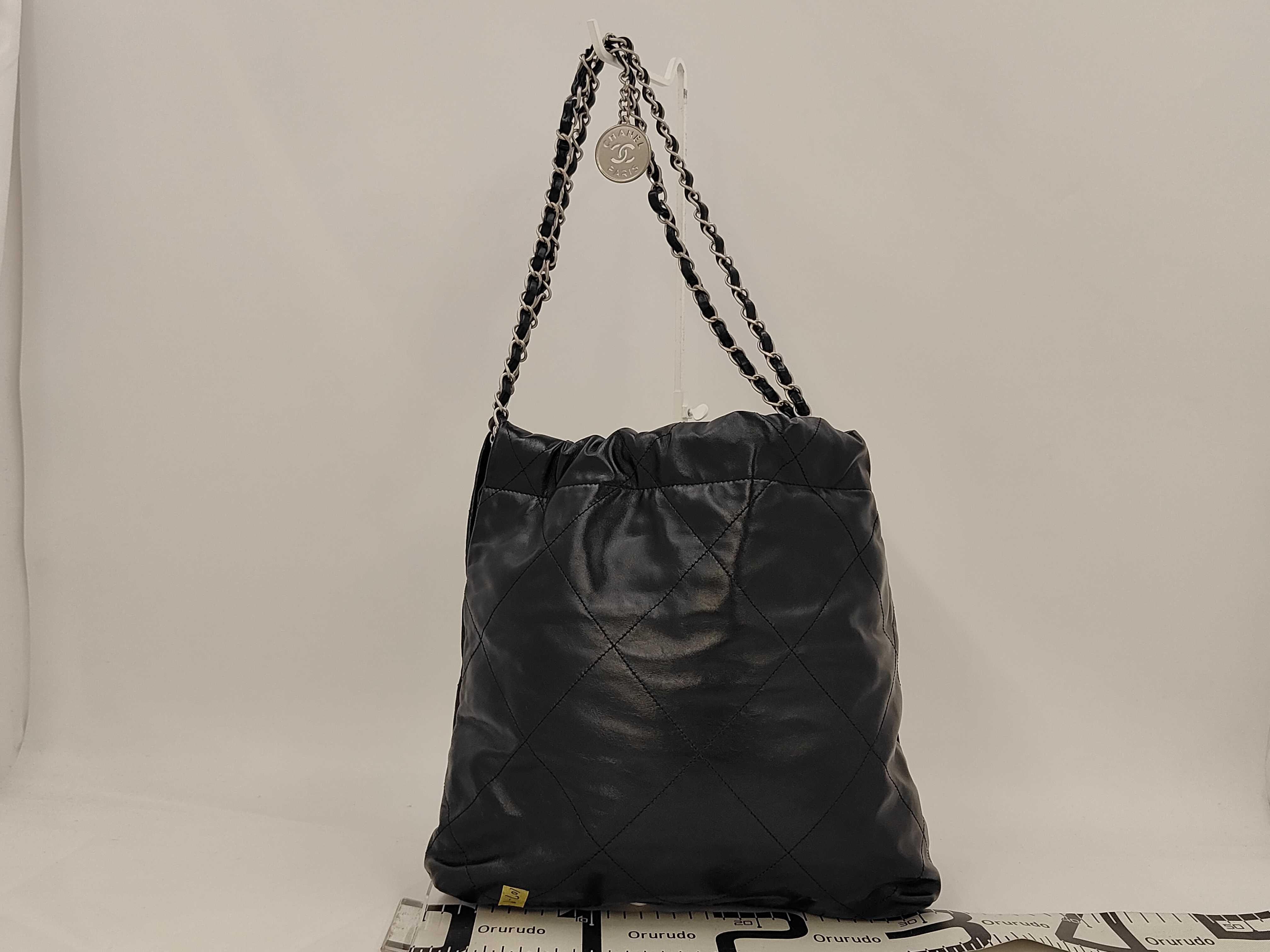 22 Shiny Calfskin Chain Shoulder Bag with Pouch, Serial Number Plate, Black Tote Bag — view 2