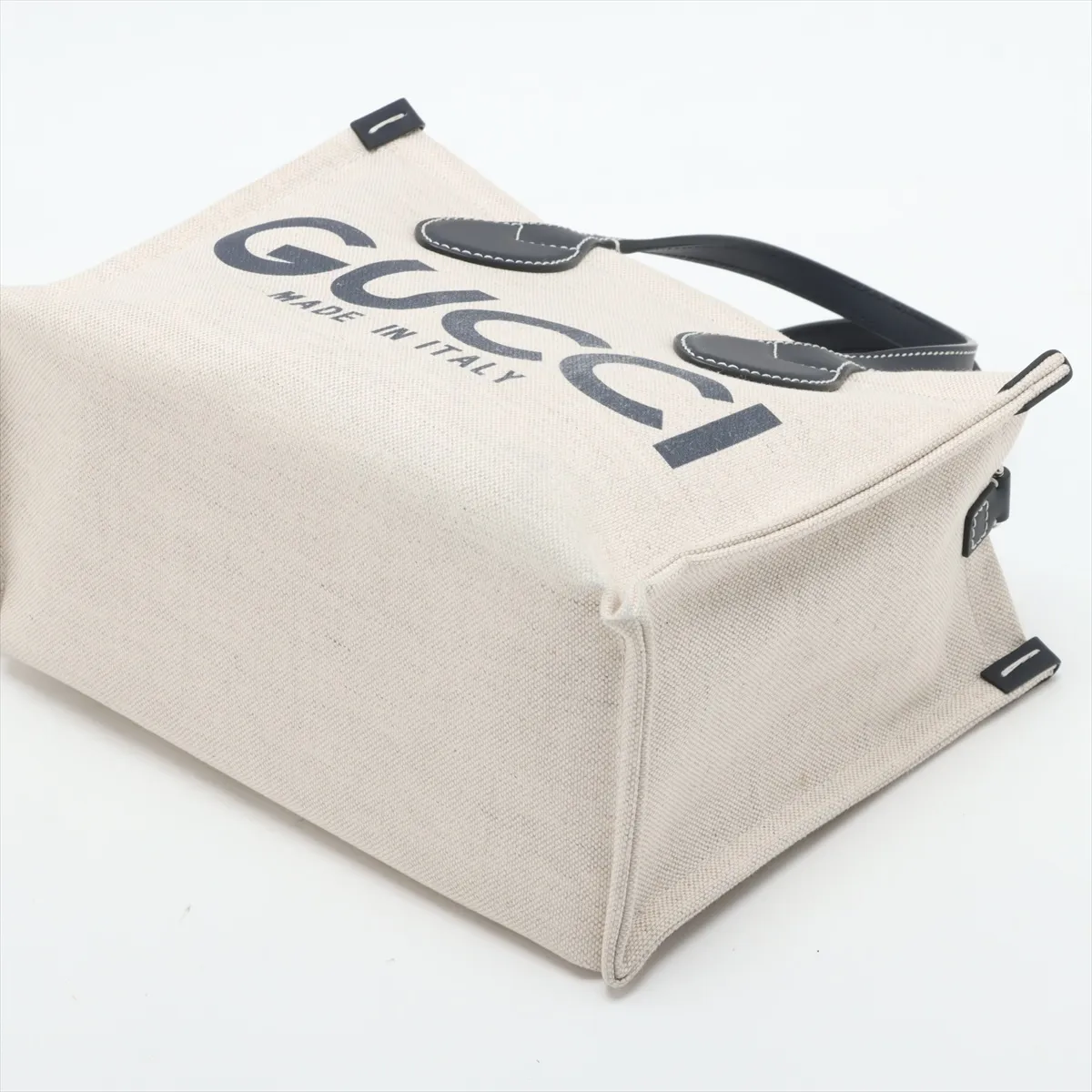 Logo Print Canvas x Leather 2-Way Handbag, Beige x Navy, 772144 — view 3