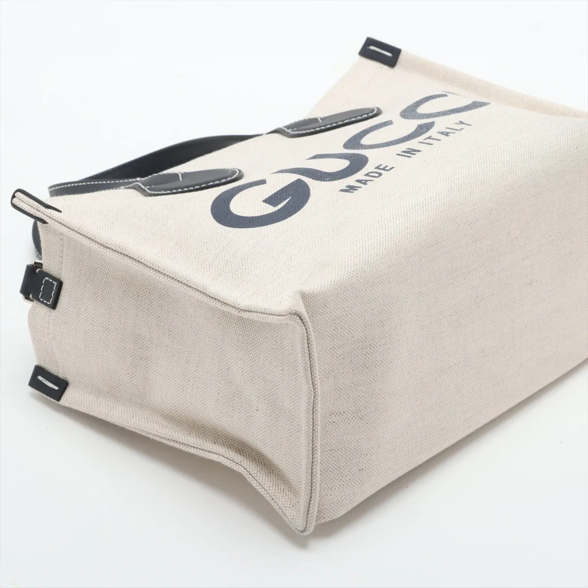 Logo Print Canvas x Leather 2-Way Handbag, Beige x Navy, 772144 — view 4