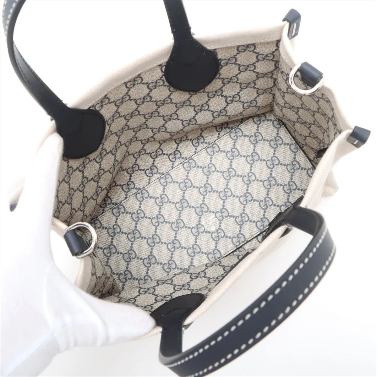 Logo Print Canvas x Leather 2-Way Handbag, Beige x Navy, 772144 — view 8
