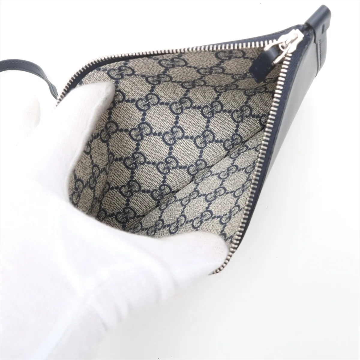 Logo Print Canvas x Leather 2-Way Handbag, Beige x Navy, 772144 — view 9