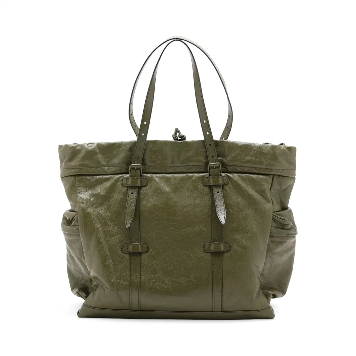 Drawstring Leather Tote Bag, Green, 725664 — view 2