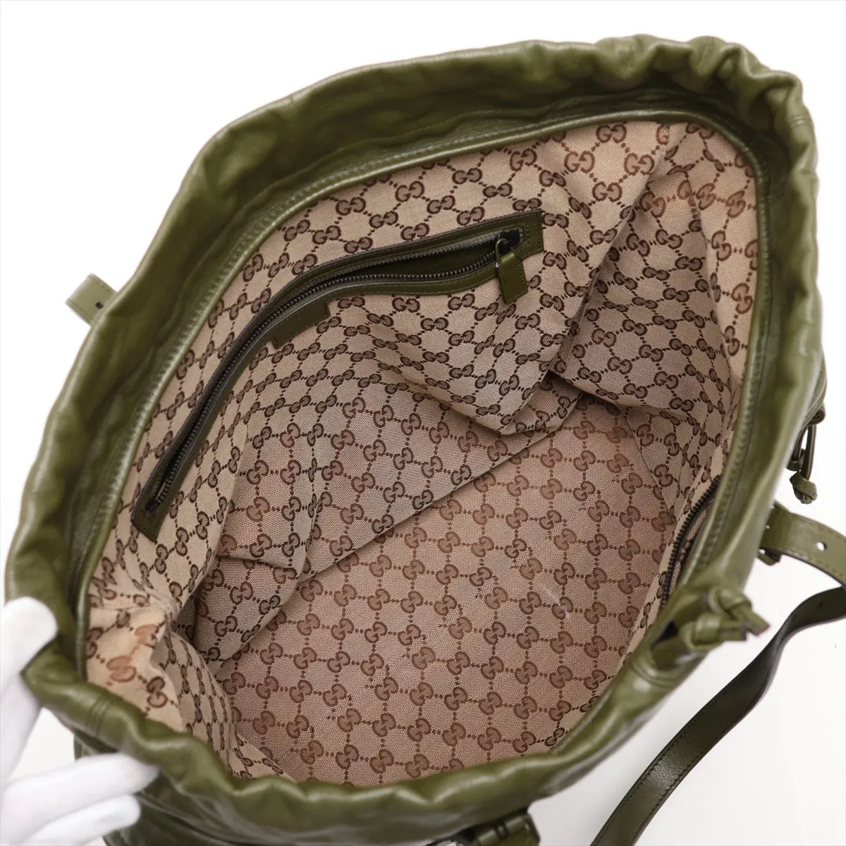 Drawstring Leather Tote Bag, Green, 725664 — view 7