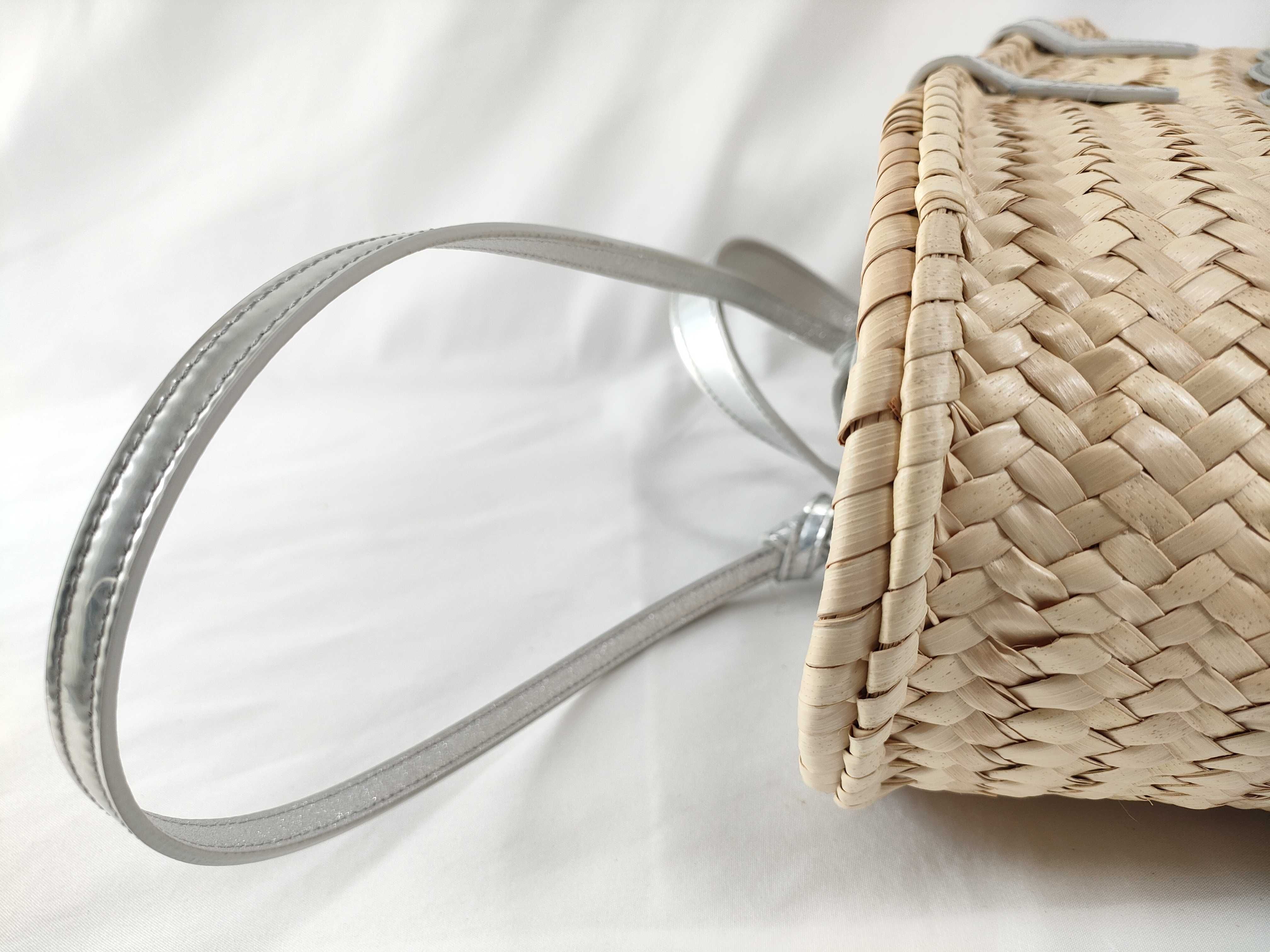 Triomphe Panier Raffia x Leather Basket Bag Beige x Silver Handbag — view 6