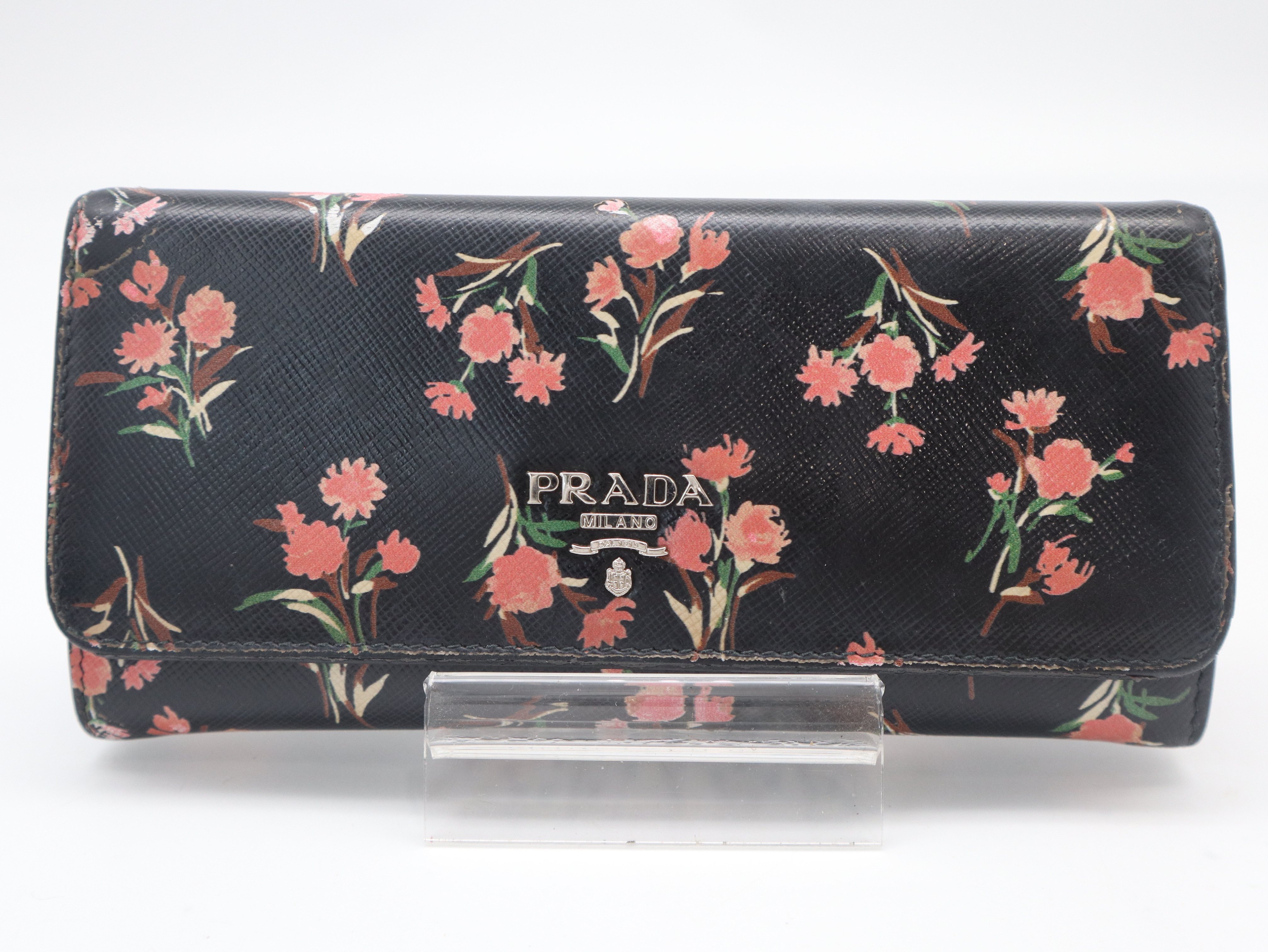 1MH132 Saffiano Leather Long Wallet, Floral Pattern, Black