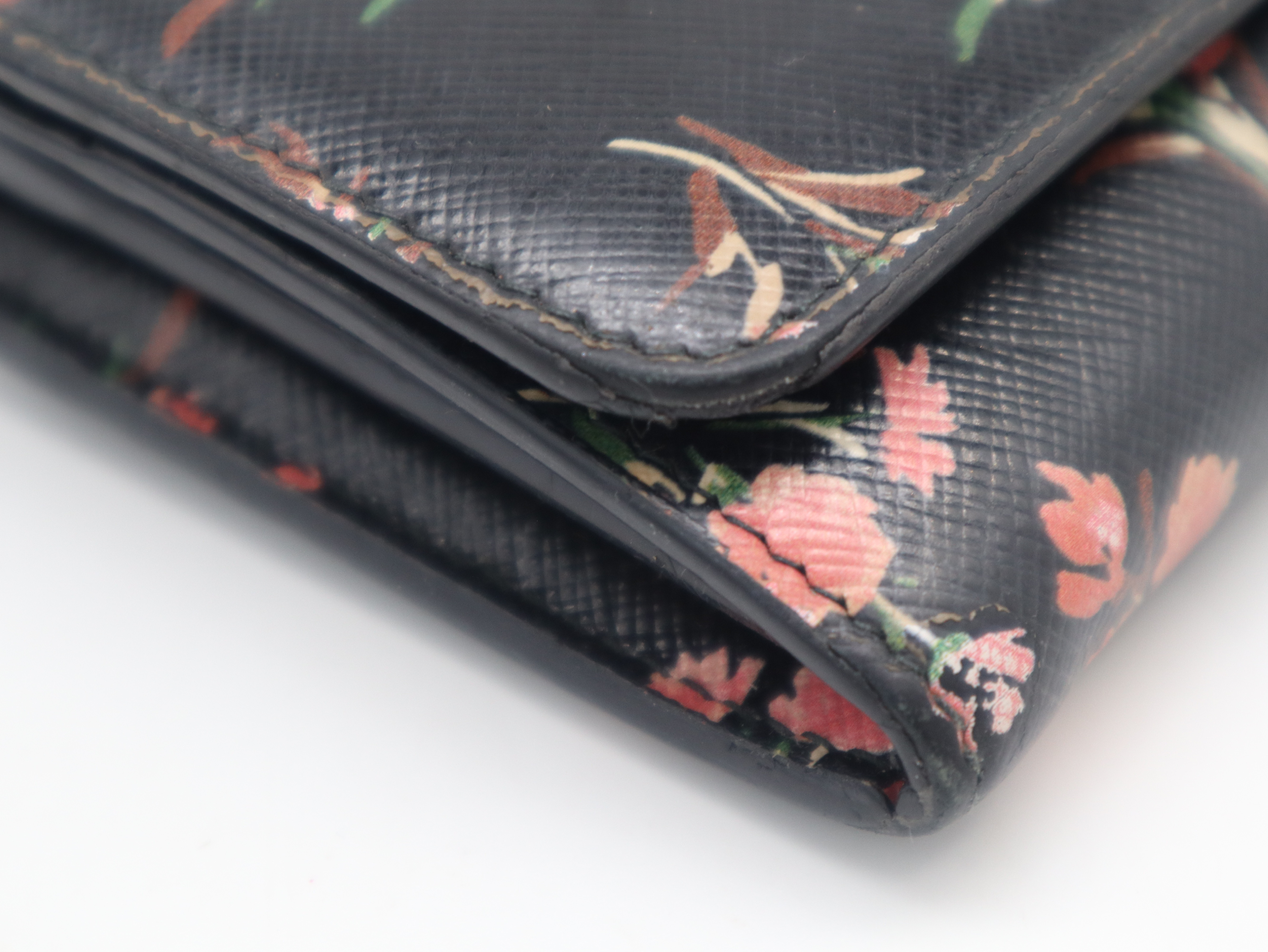 1MH132 Saffiano Leather Long Wallet, Floral Pattern, Black — view 7