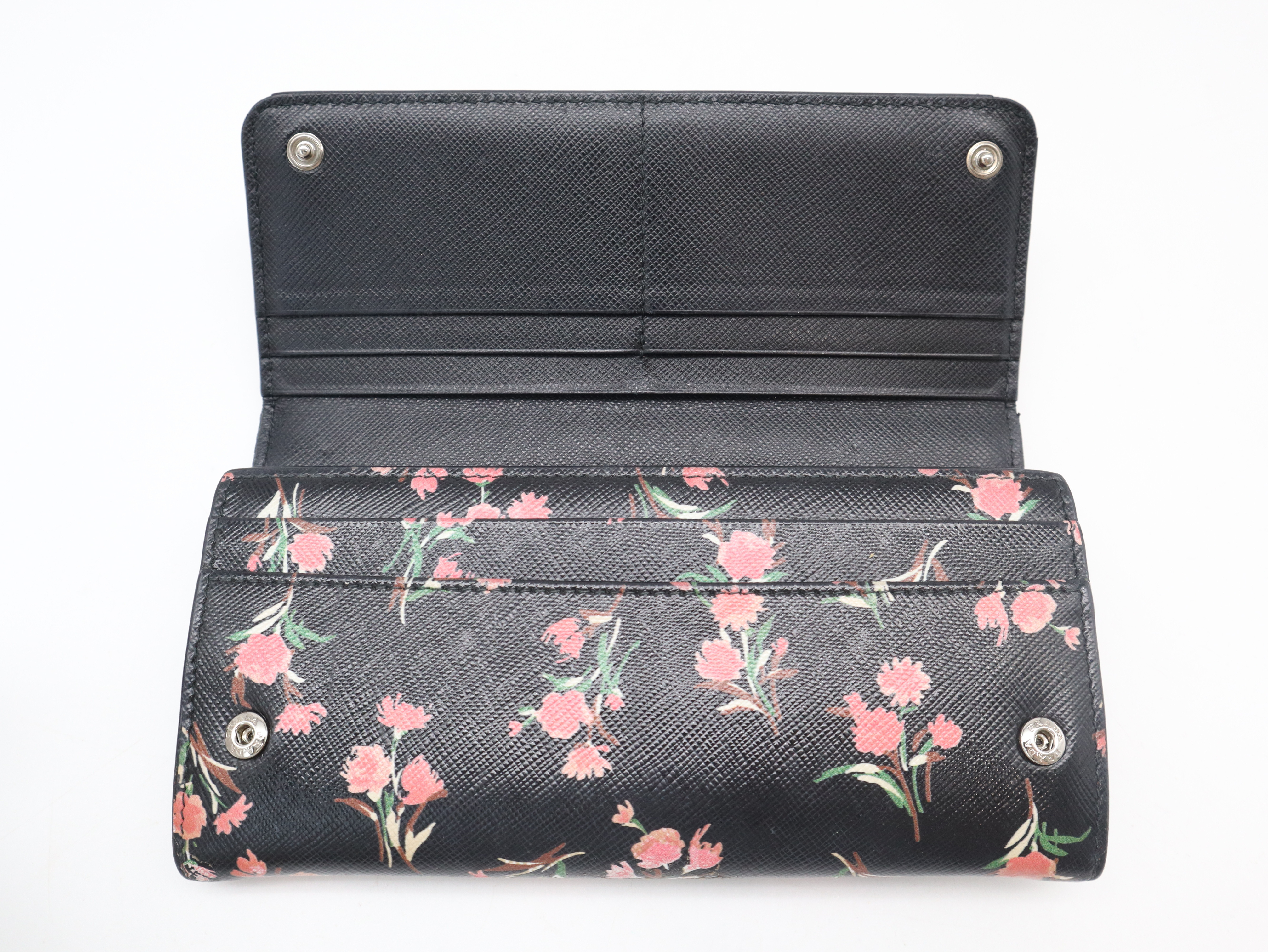 1MH132 Saffiano Leather Long Wallet, Floral Pattern, Black — view 9