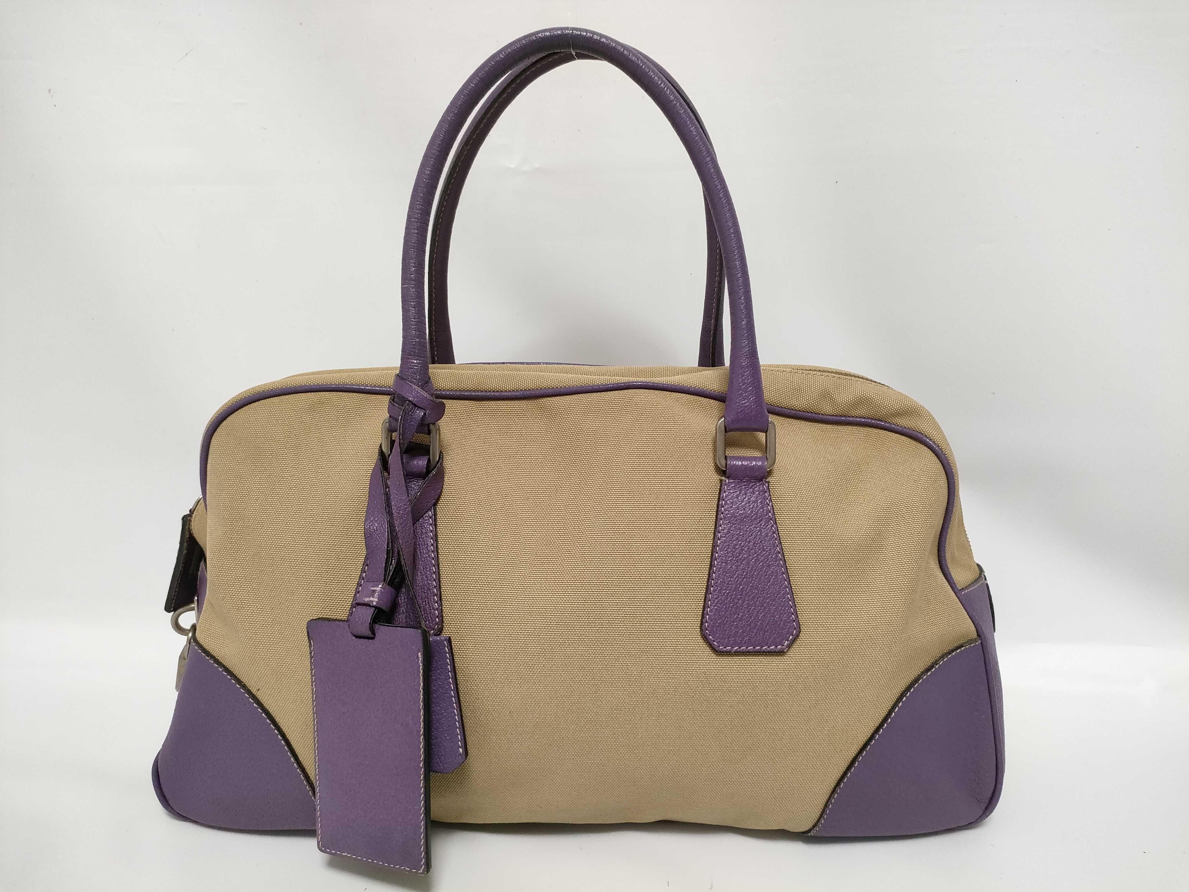 Canvas x Leather Handbag Purple x Beige Tote Bag
