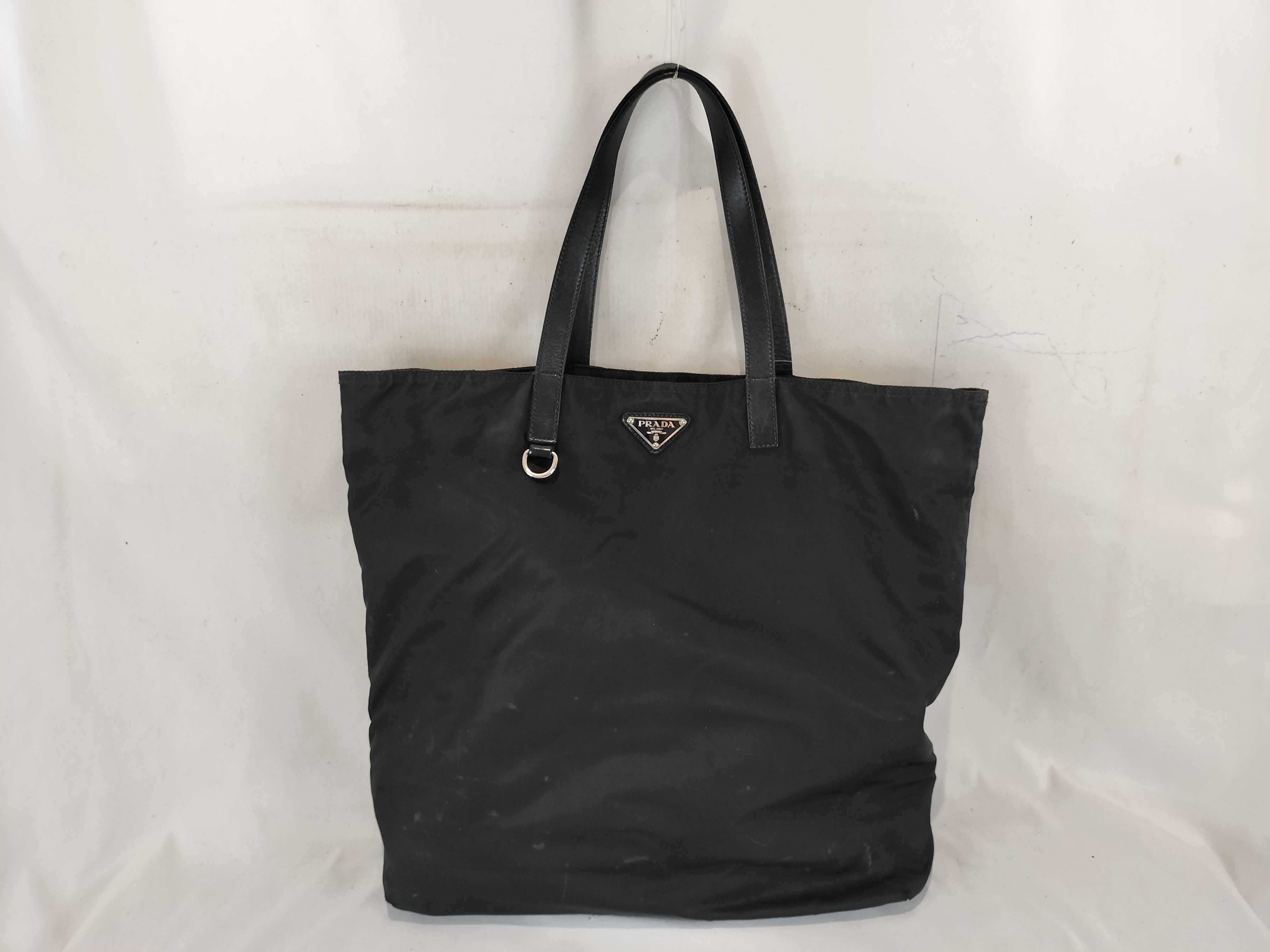 Nylon Handle Leather Tote Bag / Nero / Triangle Logo Handbag