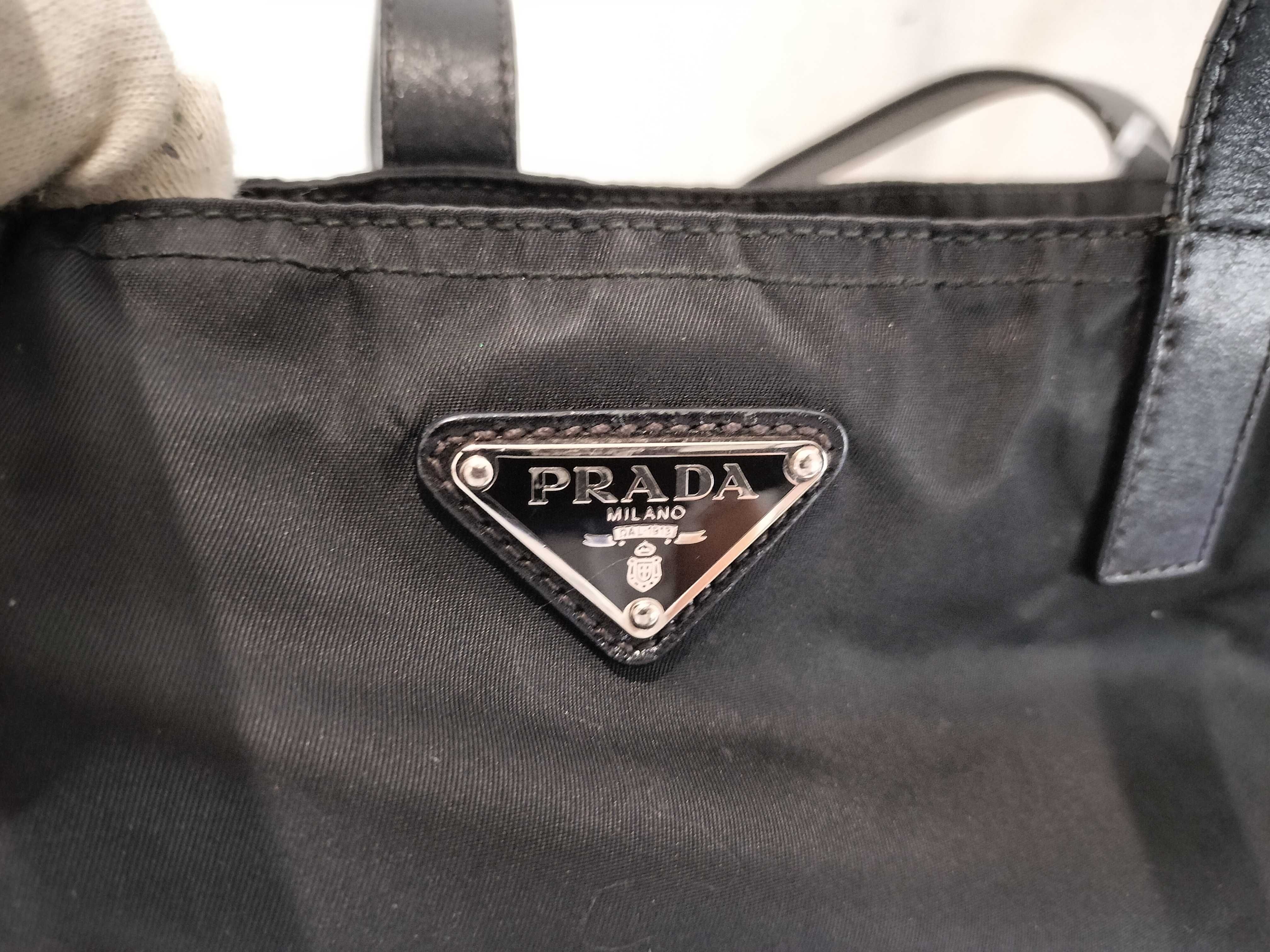 Nylon Handle Leather Tote Bag / Nero / Triangle Logo Handbag — view 8