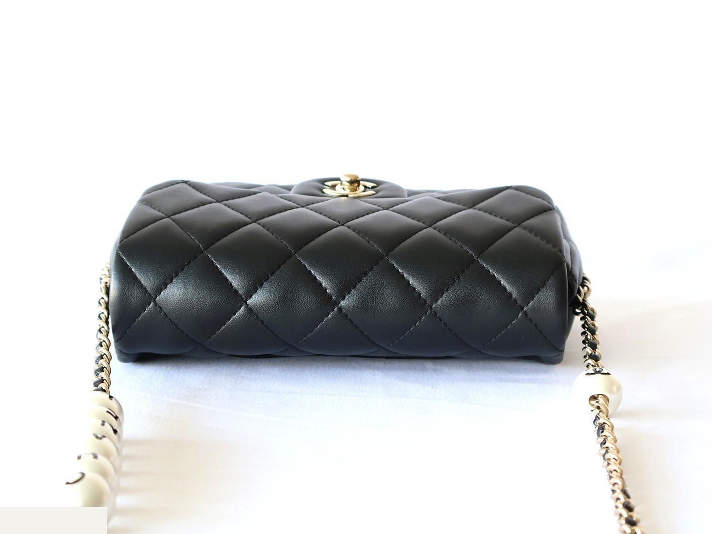 Matelassé Lambskin Pearl Chain Shoulder Bag, Black — view 6