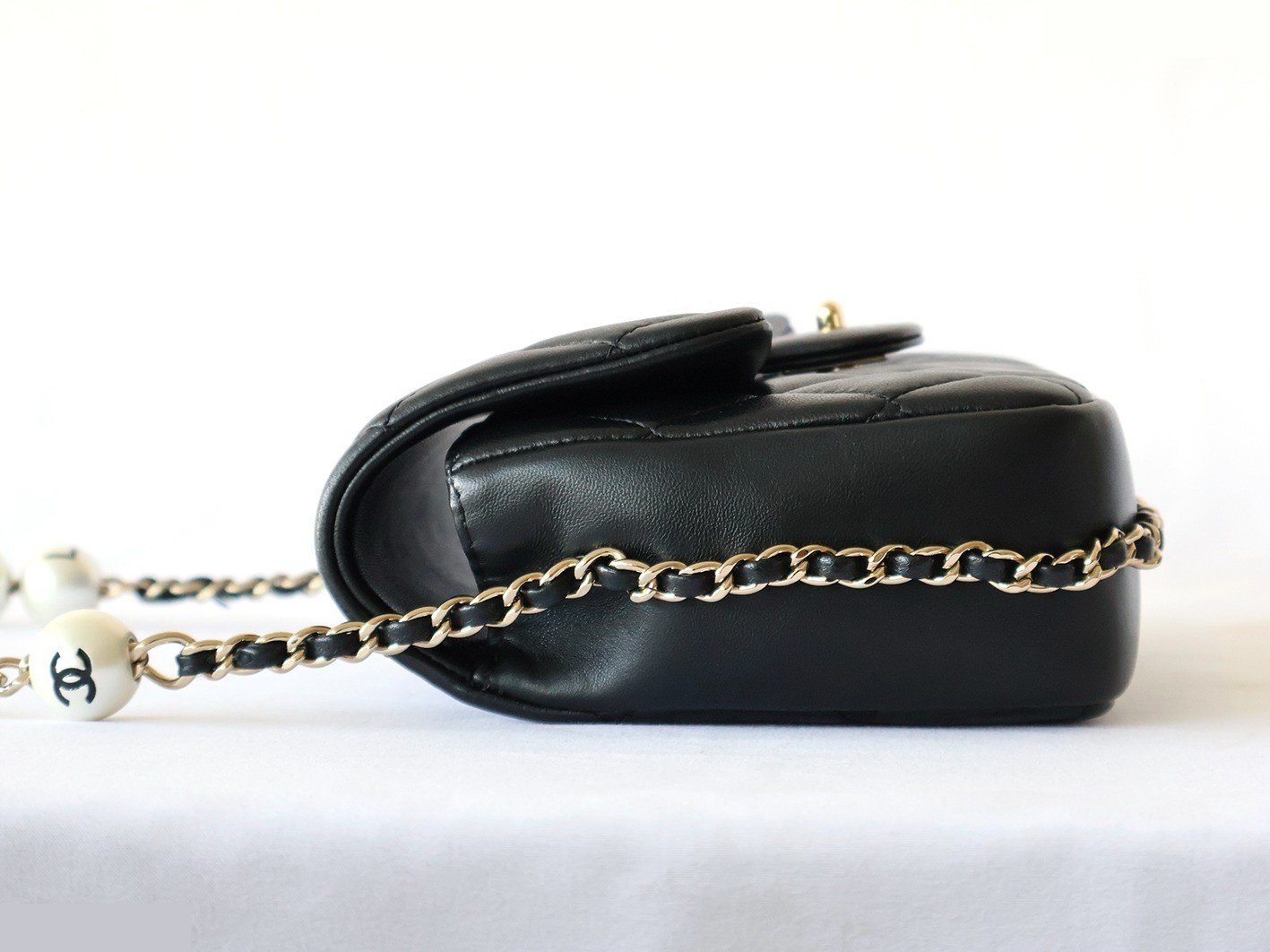 Matelassé Lambskin Pearl Chain Shoulder Bag, Black — view 7