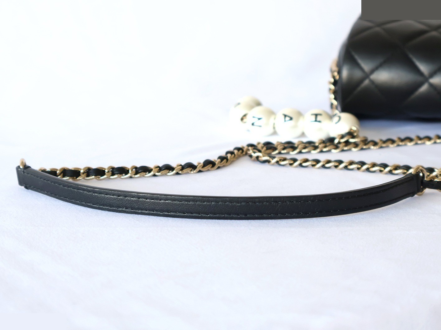 Matelassé Lambskin Pearl Chain Shoulder Bag, Black — view 9
