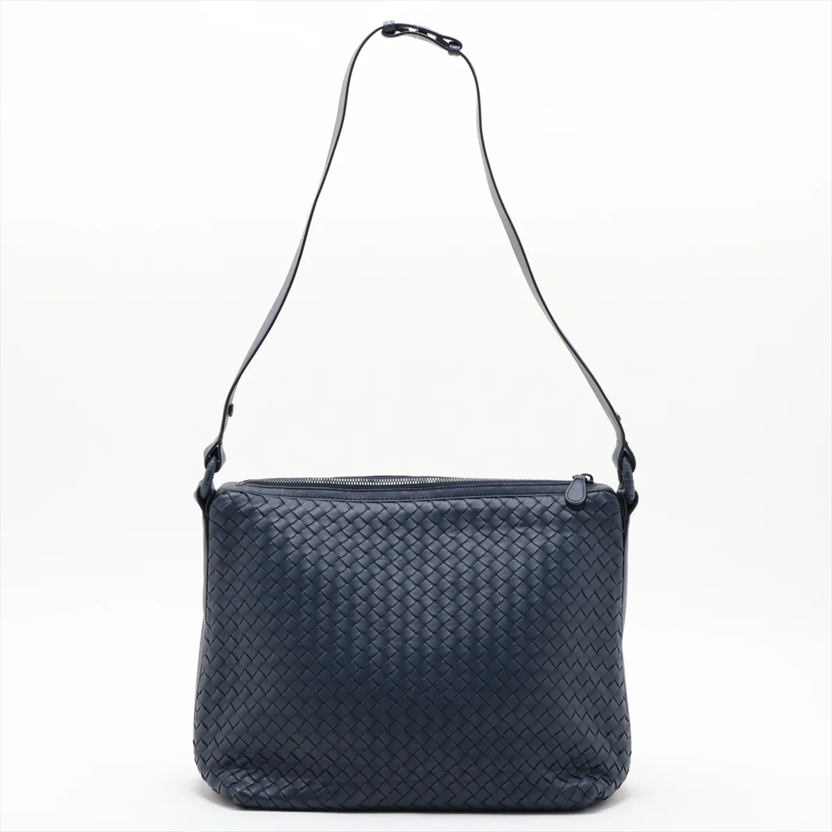 Intrecciato Leather Shoulder Bag, Navy — view 2