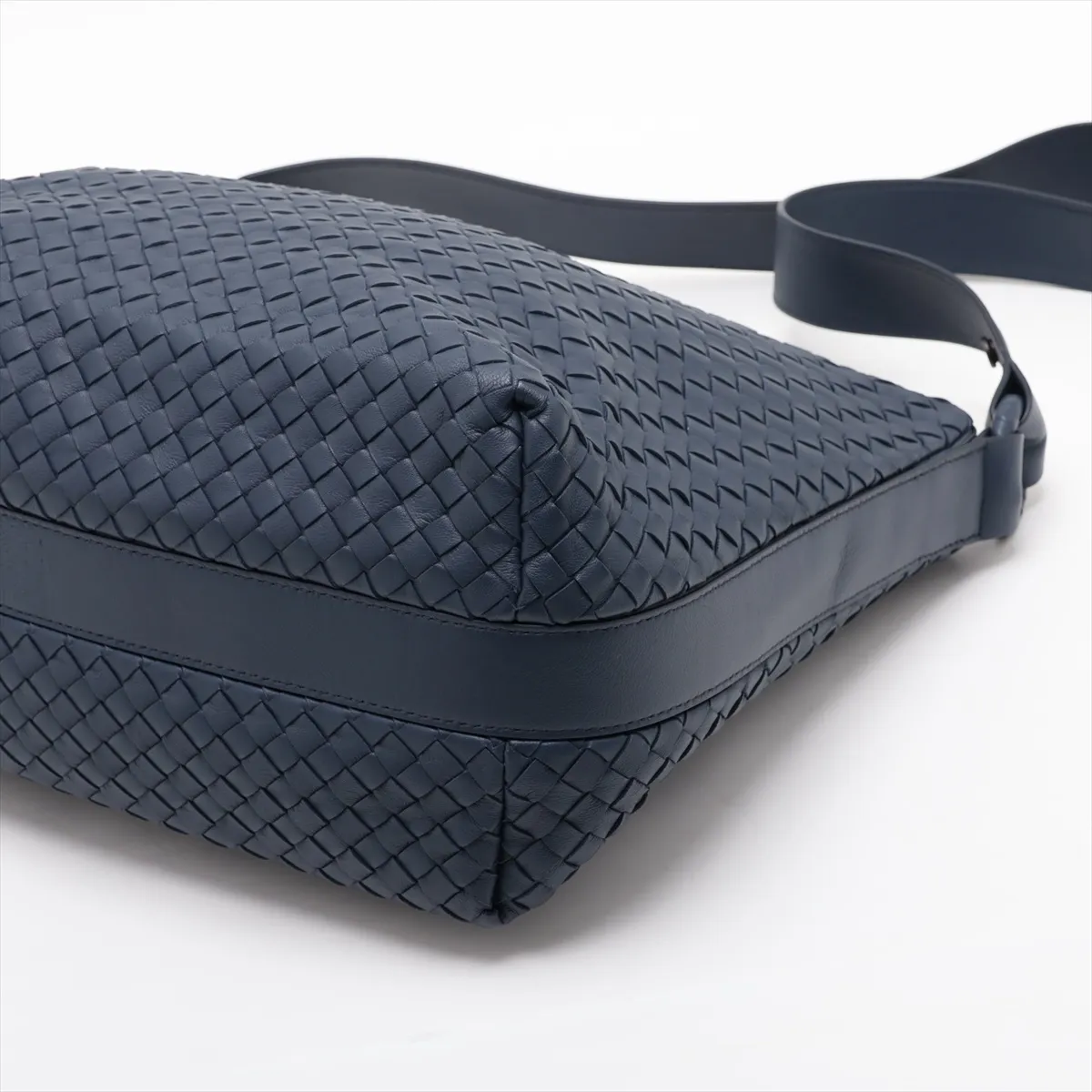 Intrecciato Leather Shoulder Bag, Navy — view 3