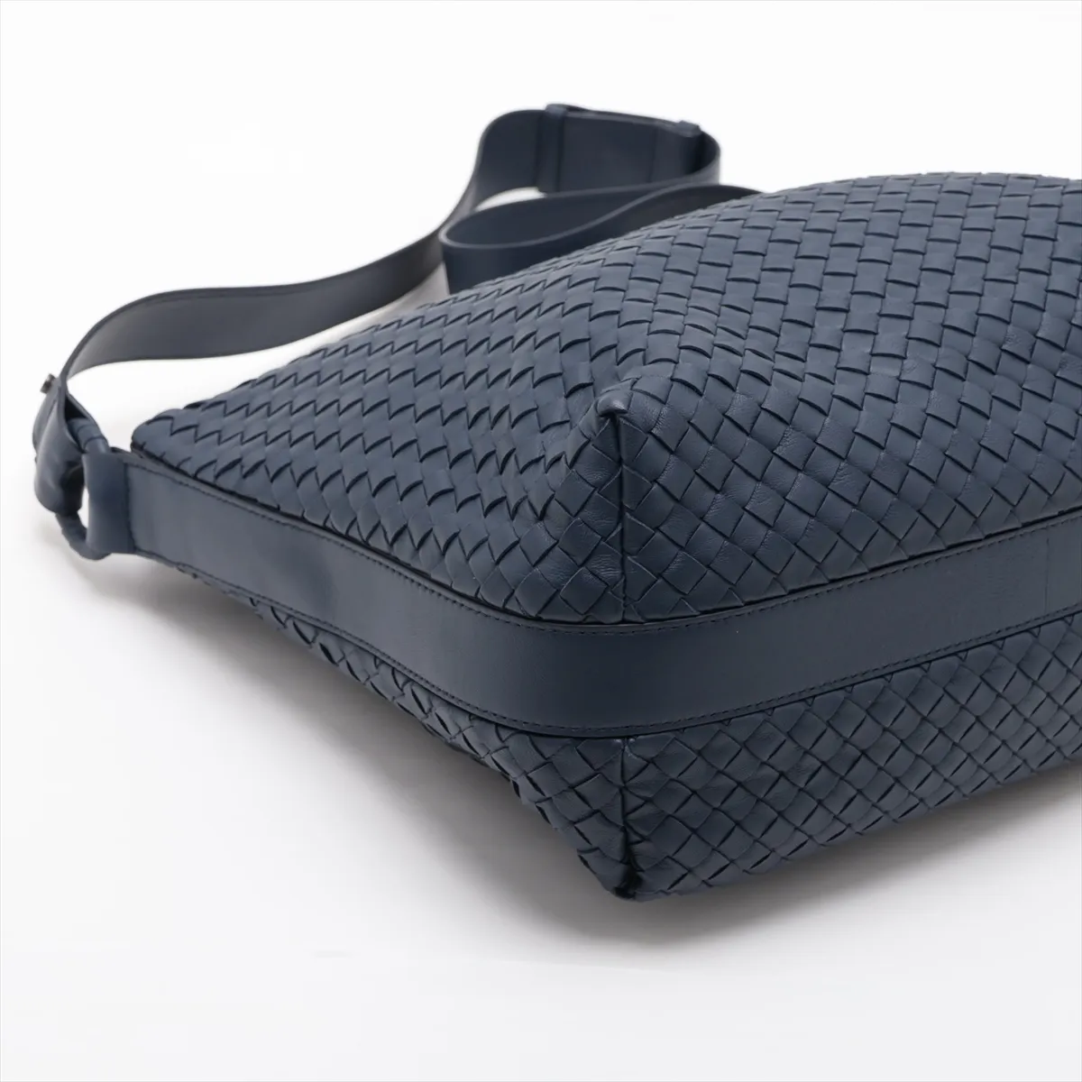 Intrecciato Leather Shoulder Bag, Navy — view 4