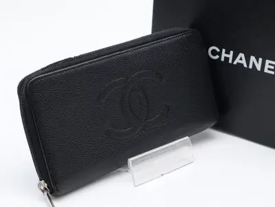 Caviar Skin Round Zip Wallet with Coco Mark, Black, Seal, Card, 16471678, Box and Guarantee Included.