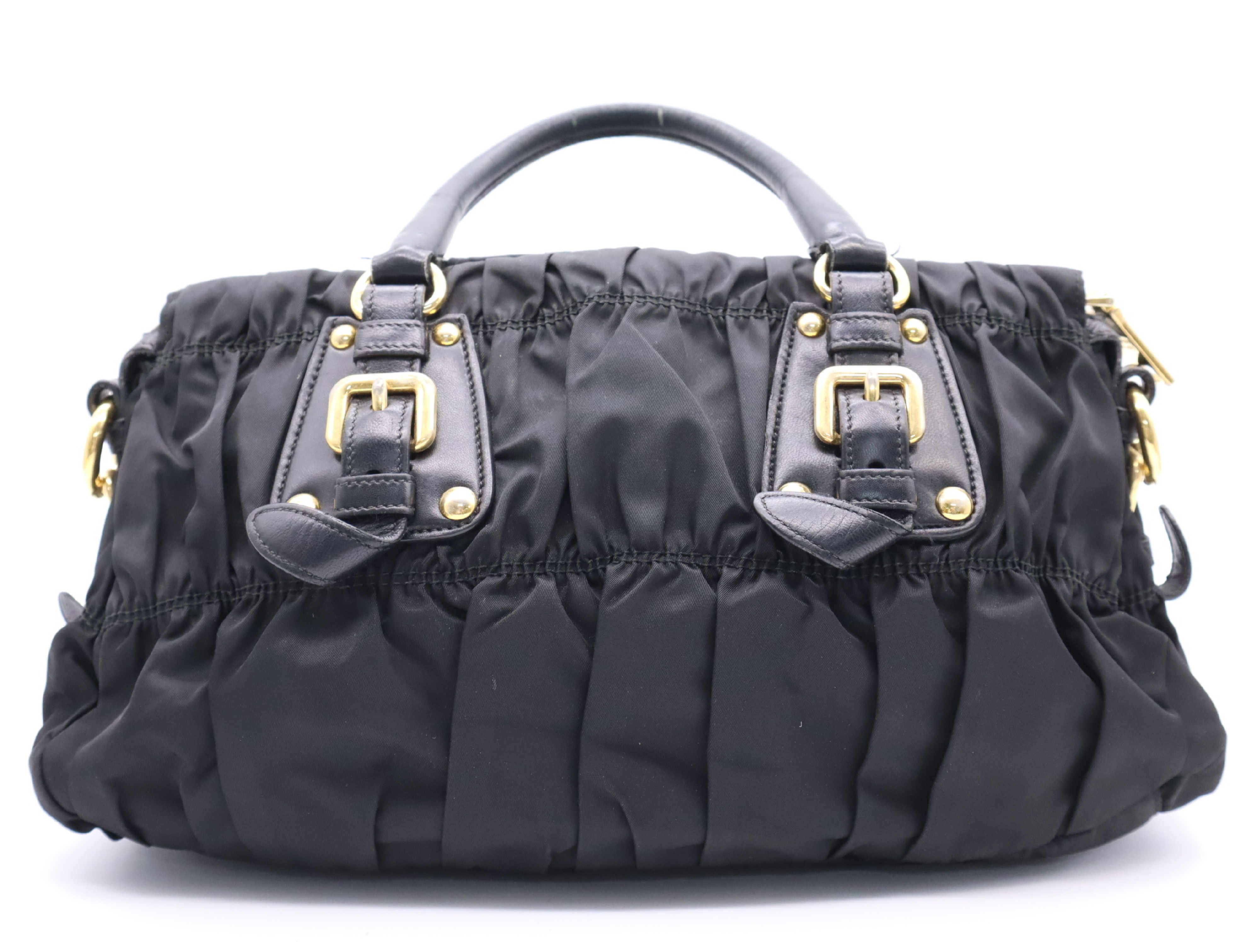 Gathered Handbag with Name Tag, Black, Gold Hardware — view 2