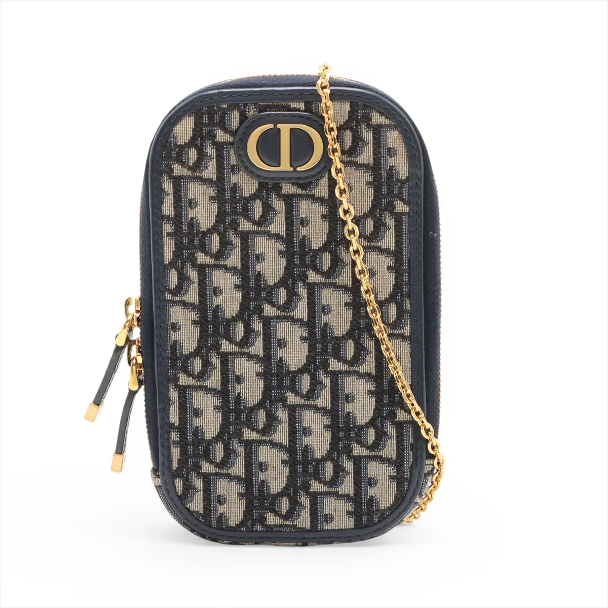 Oblique Phone Holder Canvas x Leather Chain Shoulder Bag Navy