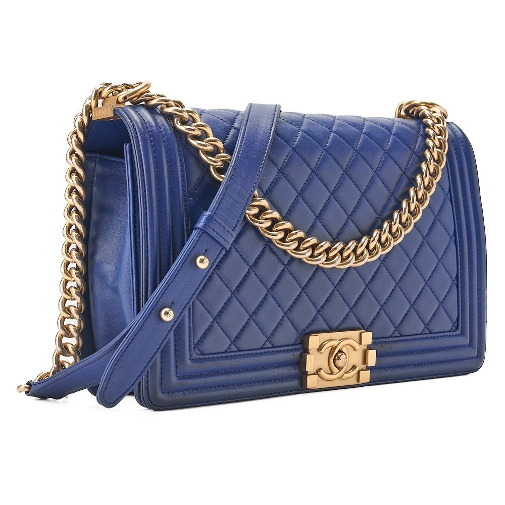 Lambskin Boy Chanel 28 Large Size Chain Shoulder Bag, Blue — view 3