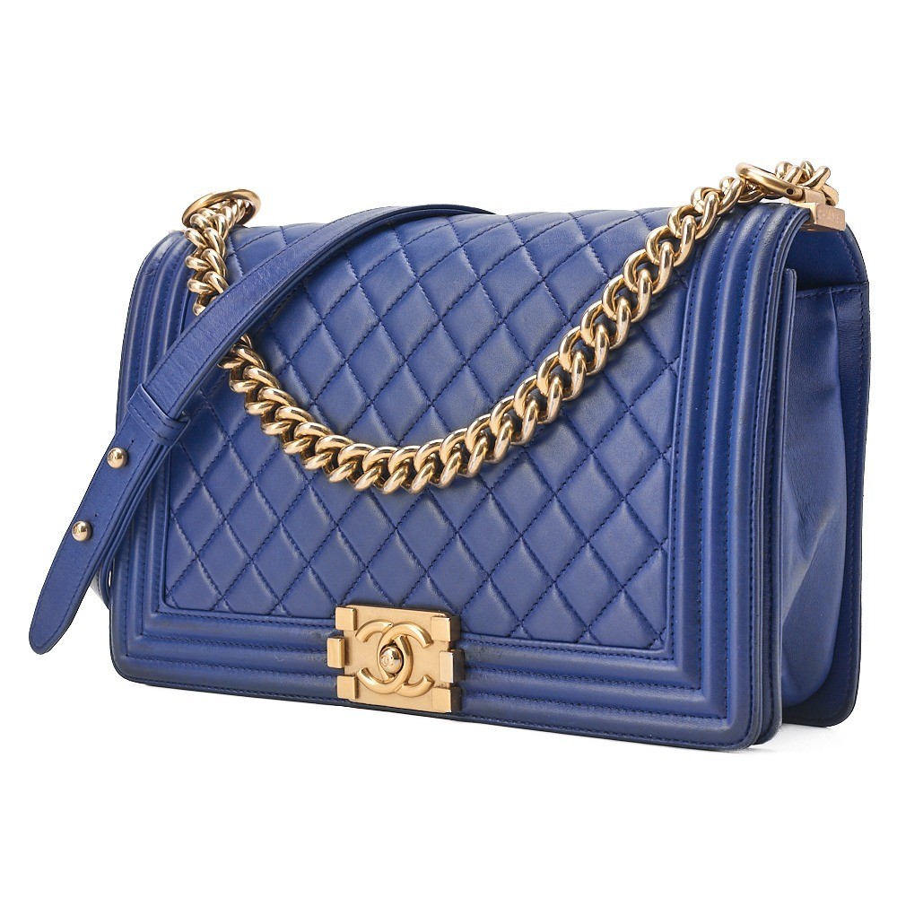 Lambskin Boy Chanel 28 Large Size Chain Shoulder Bag, Blue — view 4