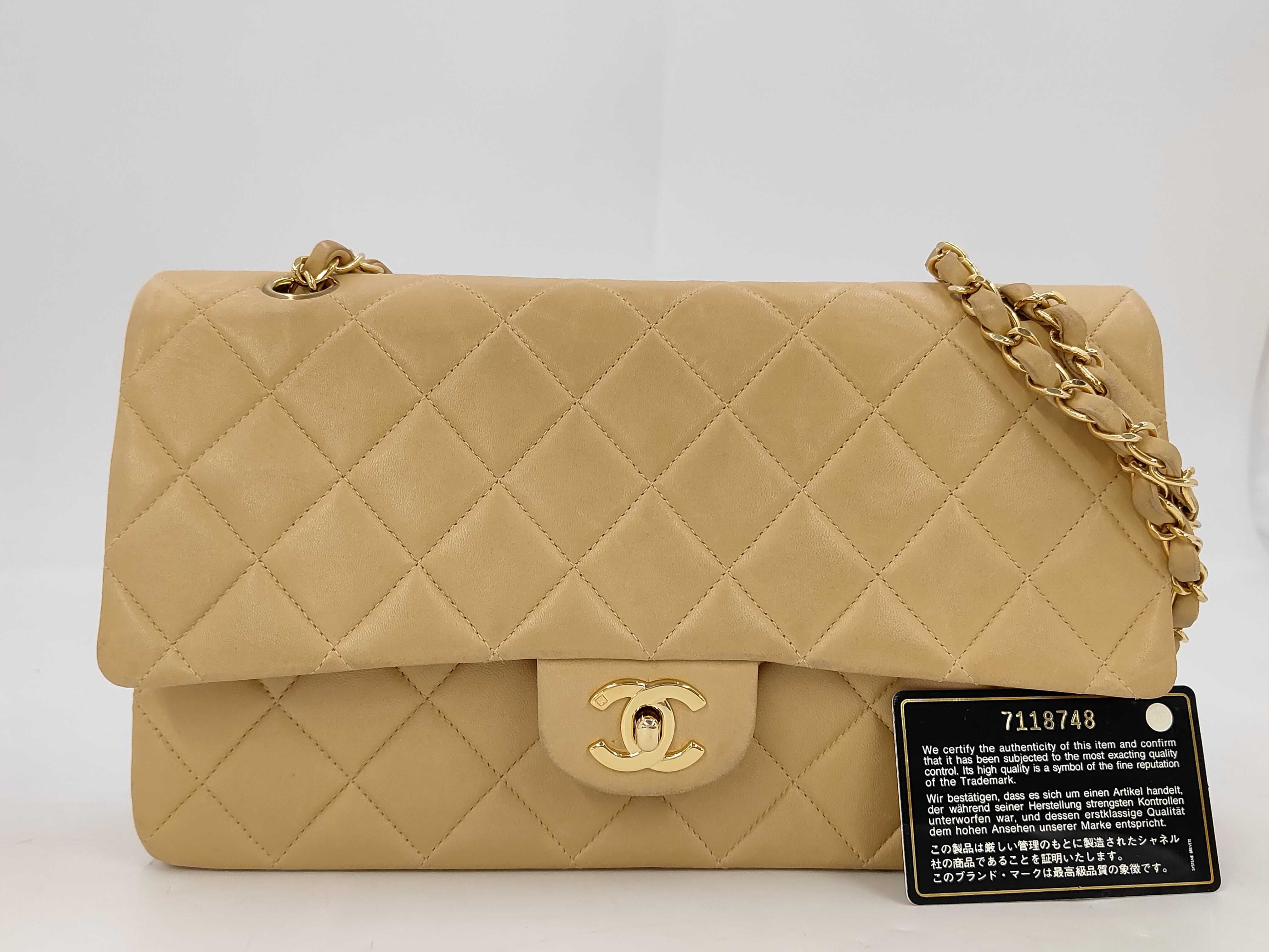 Lambskin Matelassé Double Flap Double Chain Shoulder Bag, Beige, Series 7