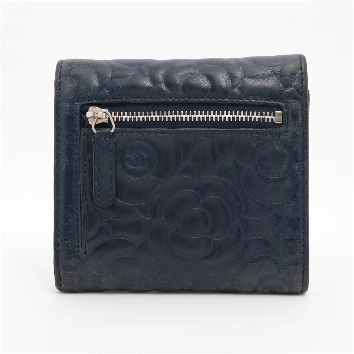 Camellia Leather Compact Wallet, Navy, Silver Hardware — view 2