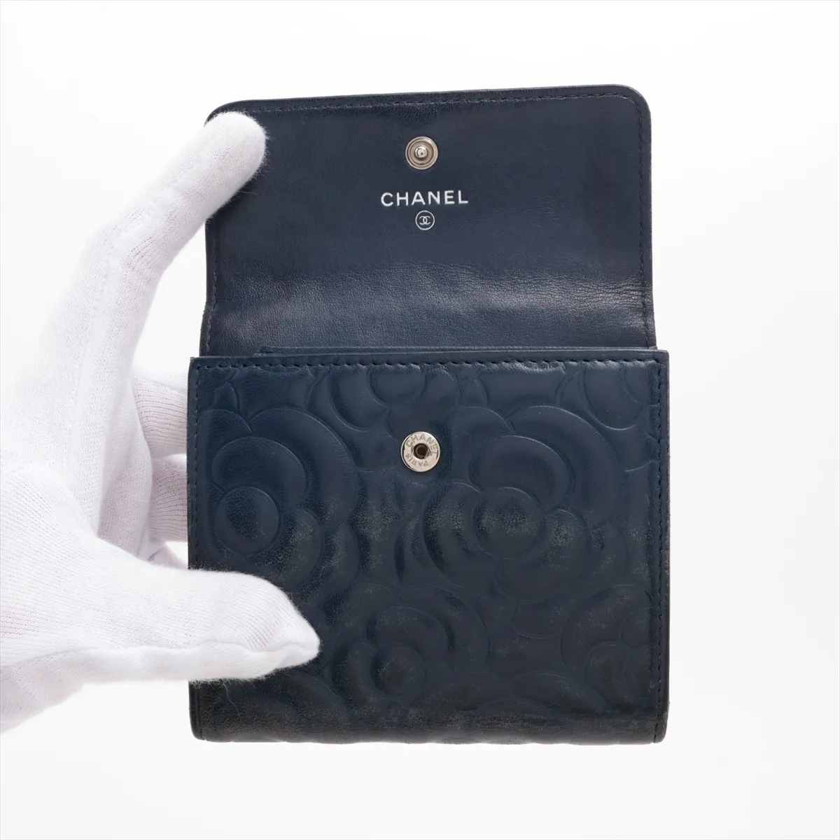 Camellia Leather Compact Wallet, Navy, Silver Hardware — view 3