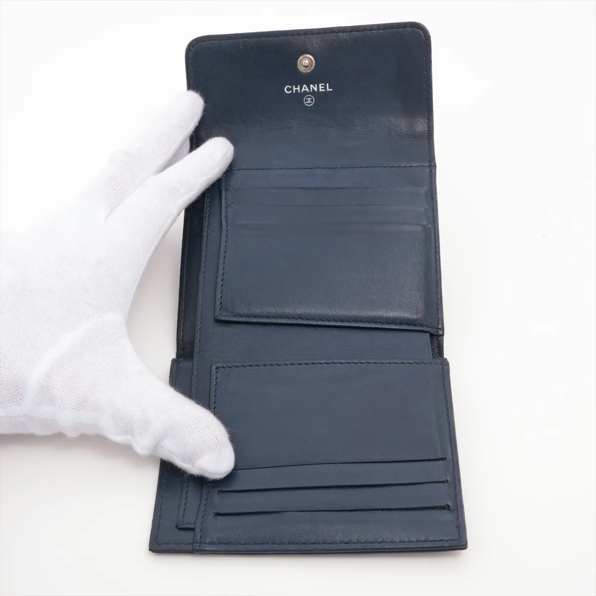 Camellia Leather Compact Wallet, Navy, Silver Hardware — view 4
