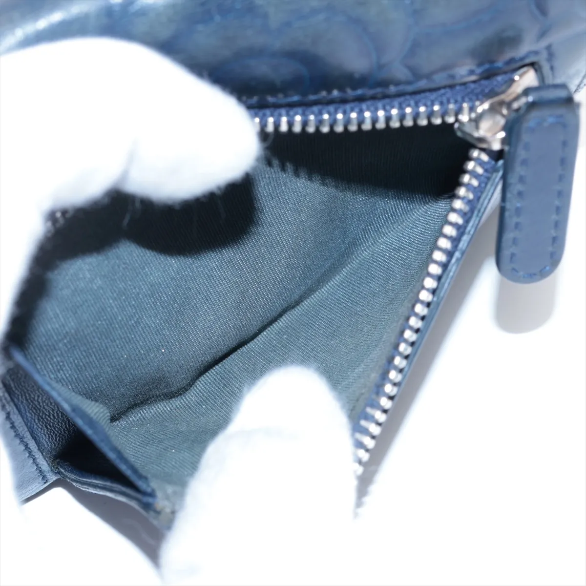 Camellia Leather Compact Wallet, Navy, Silver Hardware — view 6