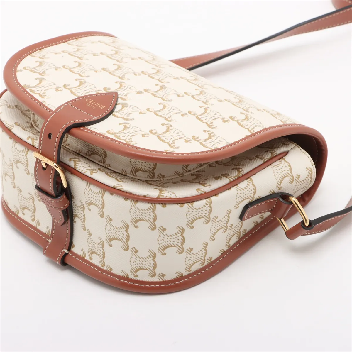 Triomphe Medium Folco PVC x Leather Shoulder Bag, Beige — view 3