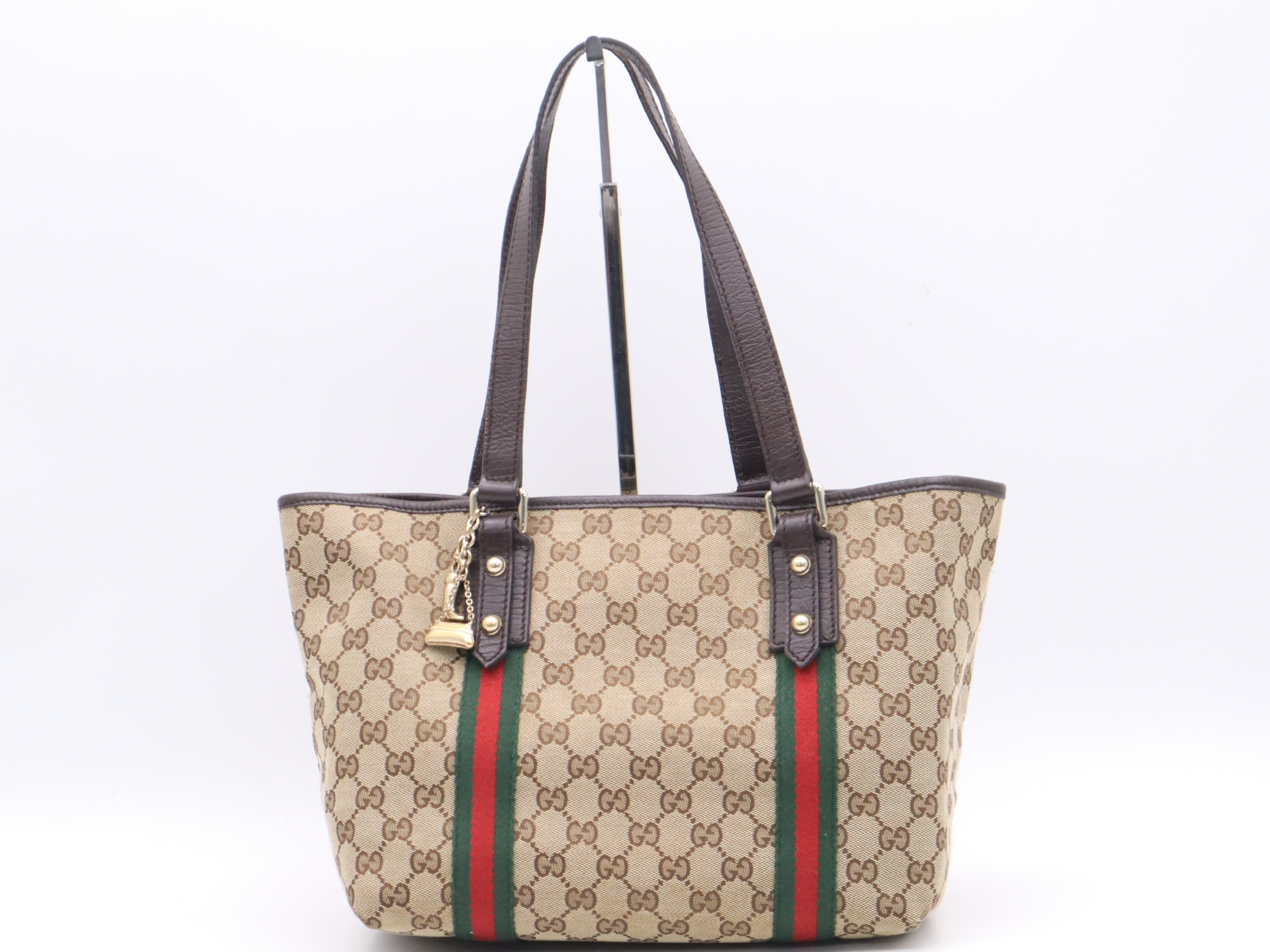 137396 GG Canvas Sherry Line Tote Bag, Beige, Green, Red, with Charm