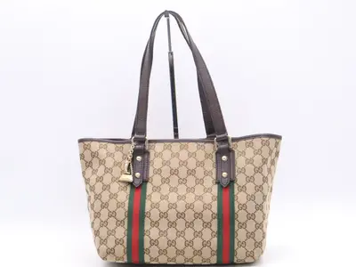 137396 GG Canvas Sherry Line Tote Bag, Beige, Green, Red, with Charm