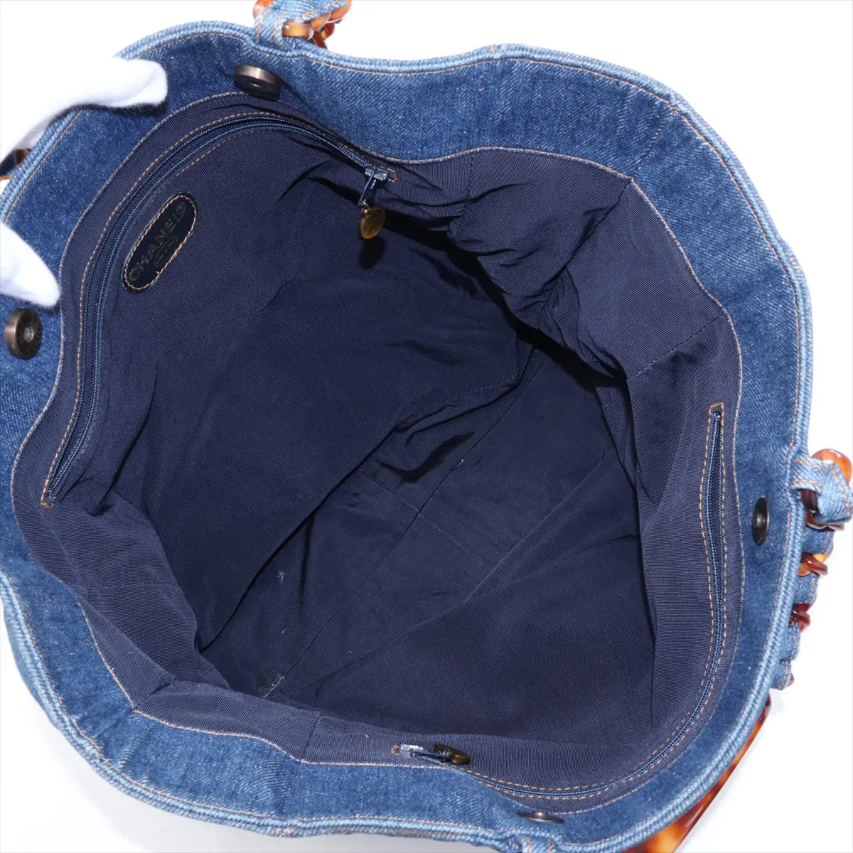 Coco Mark Denim Chain Tote Bag, Tortoiseshell Blue with Gold Hardware, 5300685 (Serial Number 5) — view 7
