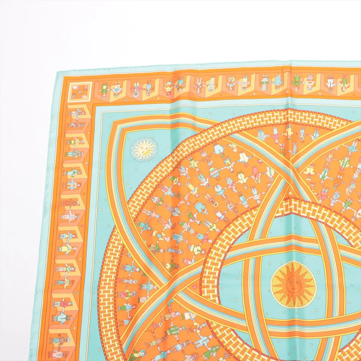 Carre 90 Donner La Main (Extending Hand) Scarf, Silk, Orange. Shows signs of wear, including snags, — view 2