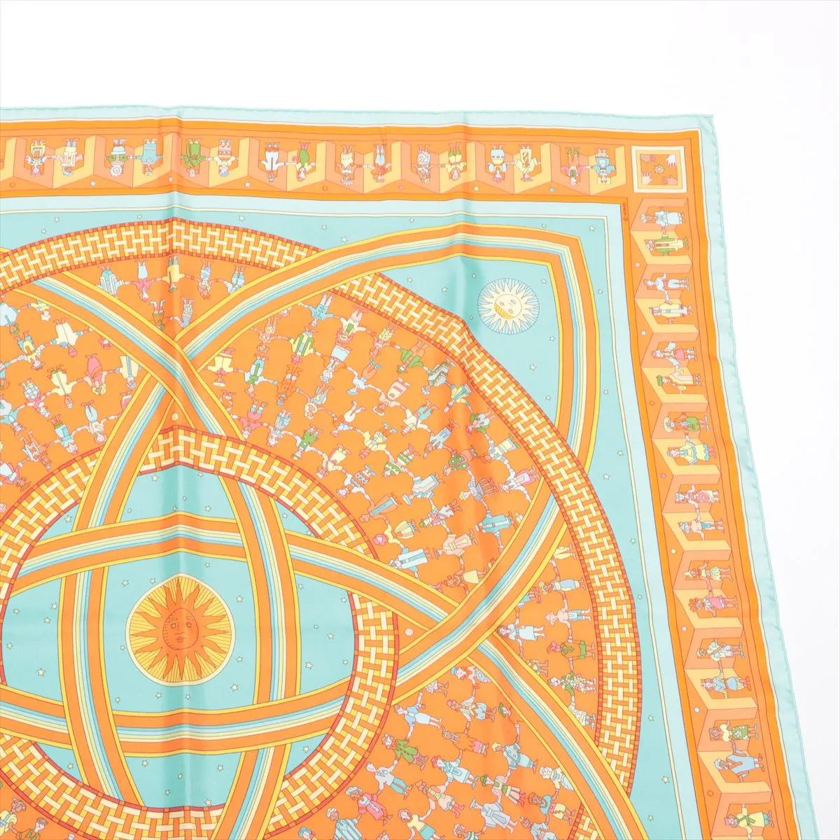 Carre 90 Donner La Main (Extending Hand) Scarf, Silk, Orange. Shows signs of wear, including snags, — view 3