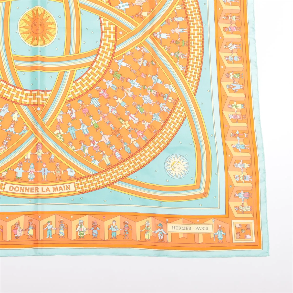 Carre 90 Donner La Main (Extending Hand) Scarf, Silk, Orange. Shows signs of wear, including snags, — view 4